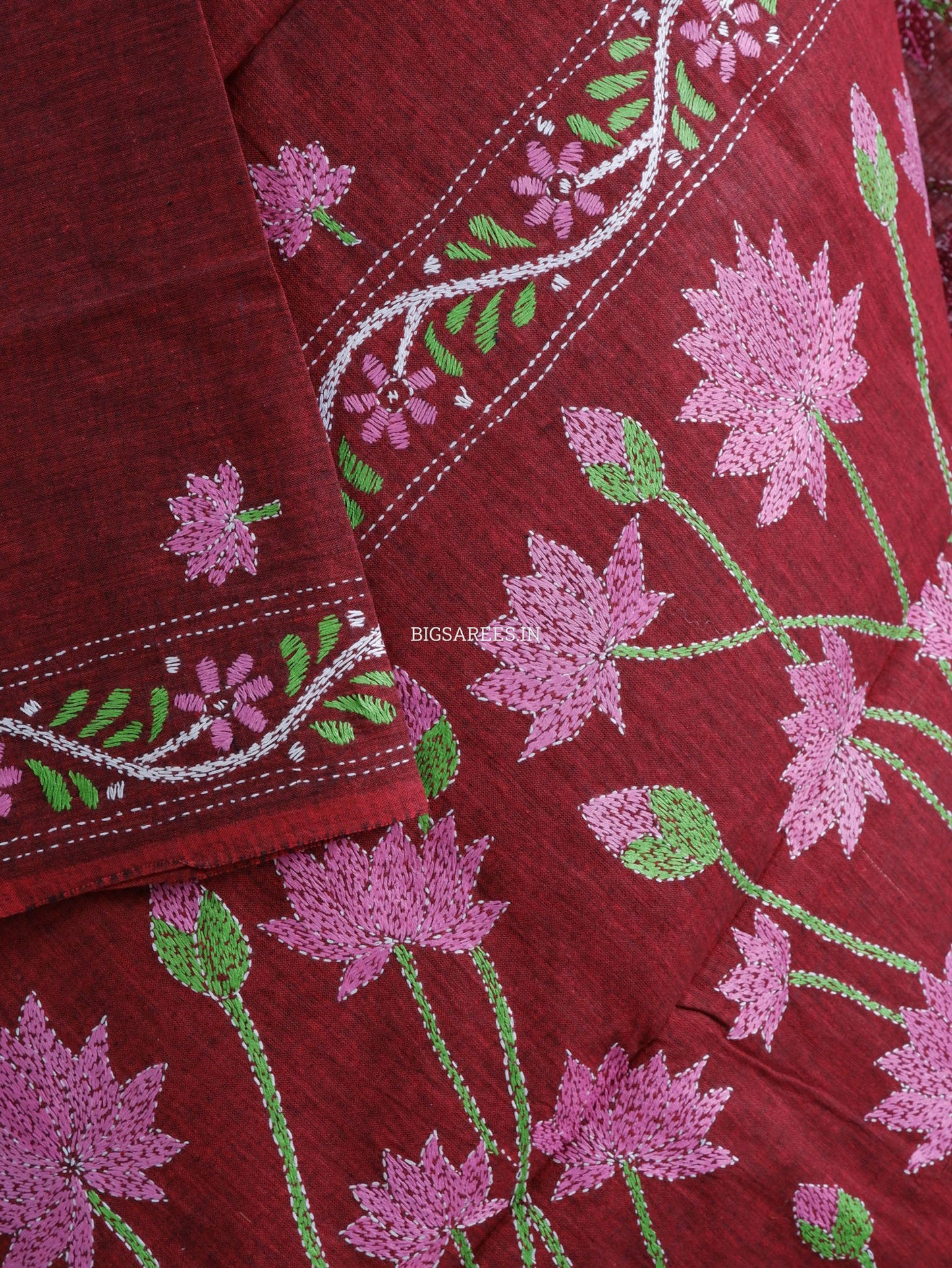 Hand-Embroidered Kantha Stitch Dupatta | Khadi Cotton | Maroon