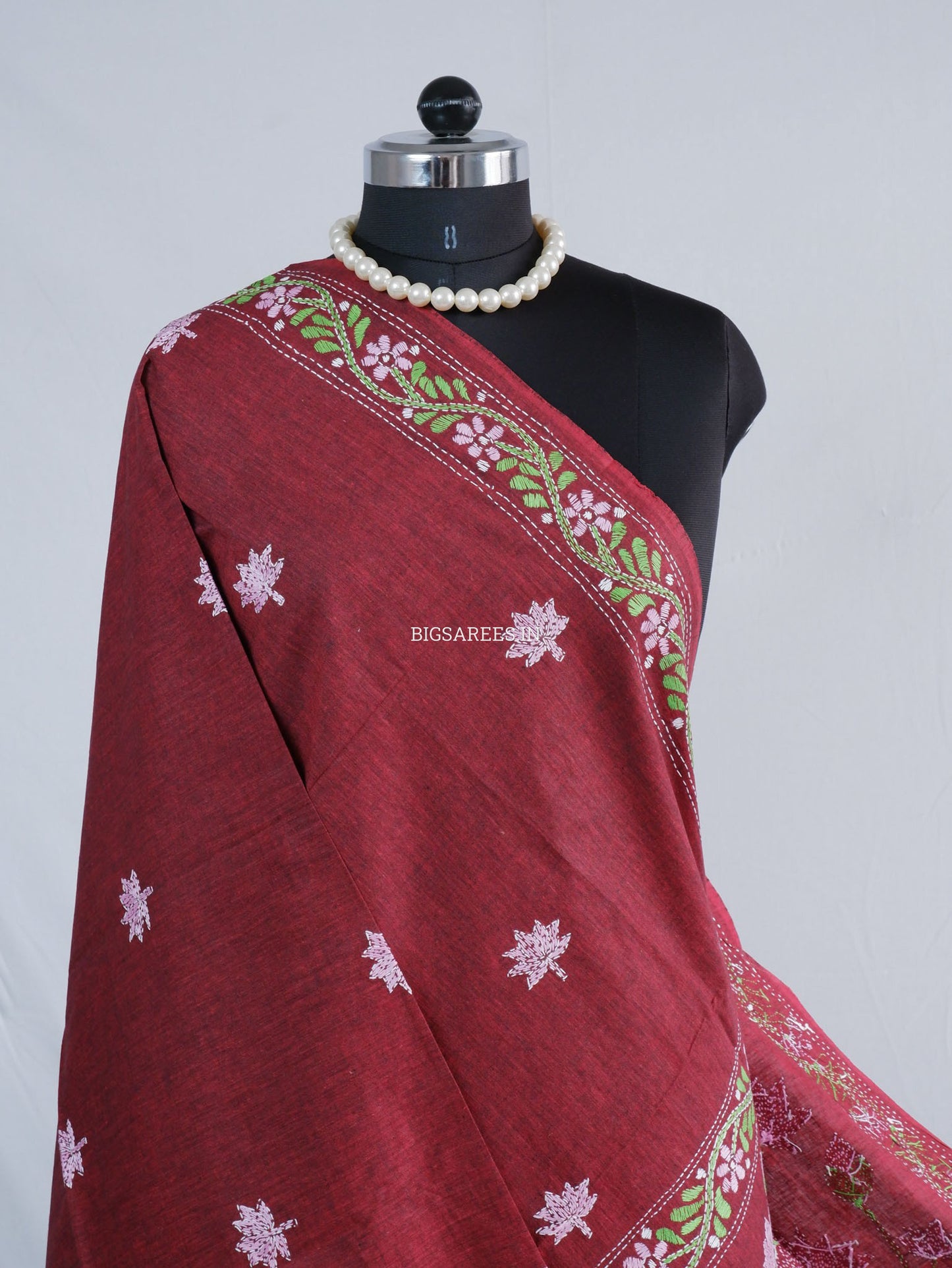 Hand-Embroidered Kantha Stitch Dupatta | Khadi Cotton | Maroon