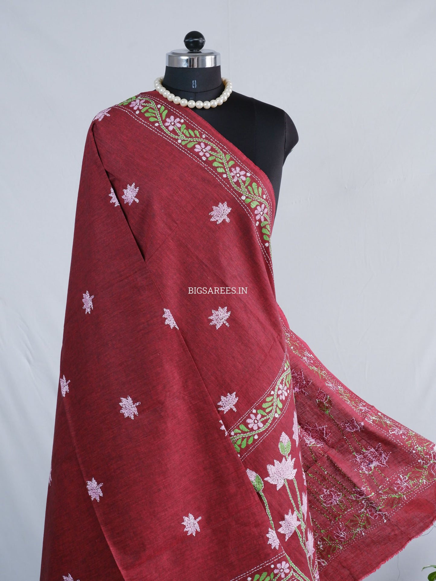 Hand-Embroidered Kantha Stitch Dupatta | Khadi Cotton | Maroon