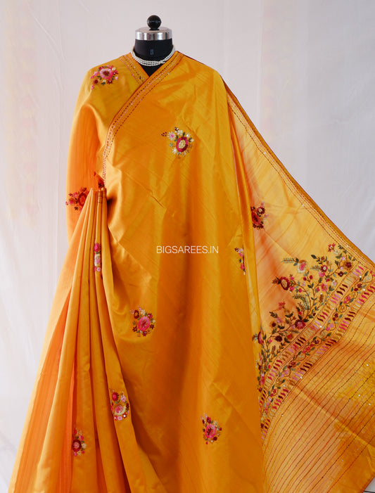 Bullion Knot Hand-Embroidered Saree | Semi Tassar | Yellow Ochre