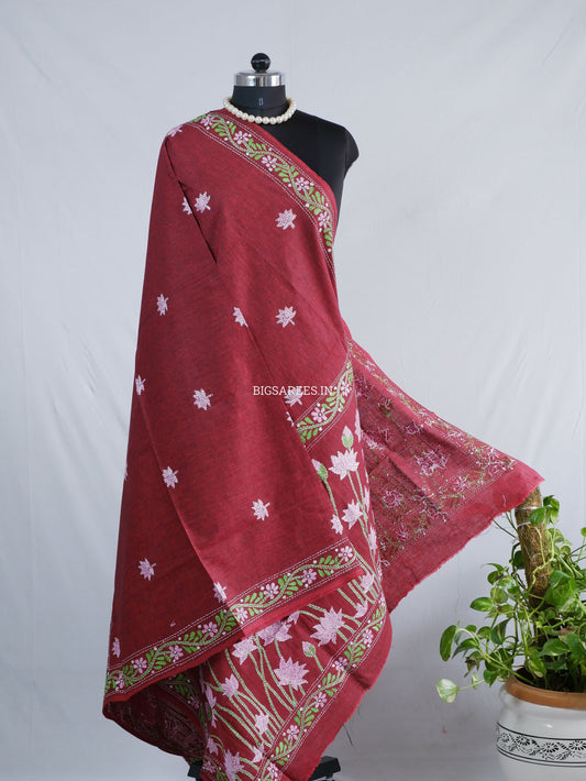 Hand-Embroidered Kantha Stitch Dupatta | Khadi Cotton | Maroon