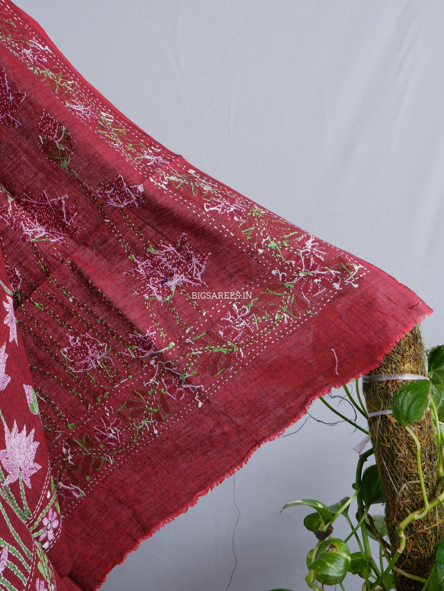Hand-Embroidered Kantha Stitch Dupatta | Khadi Cotton | Maroon