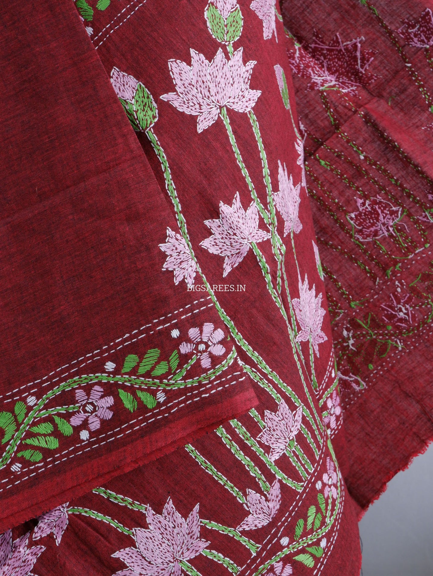 Hand-Embroidered Kantha Stitch Dupatta | Khadi Cotton | Maroon