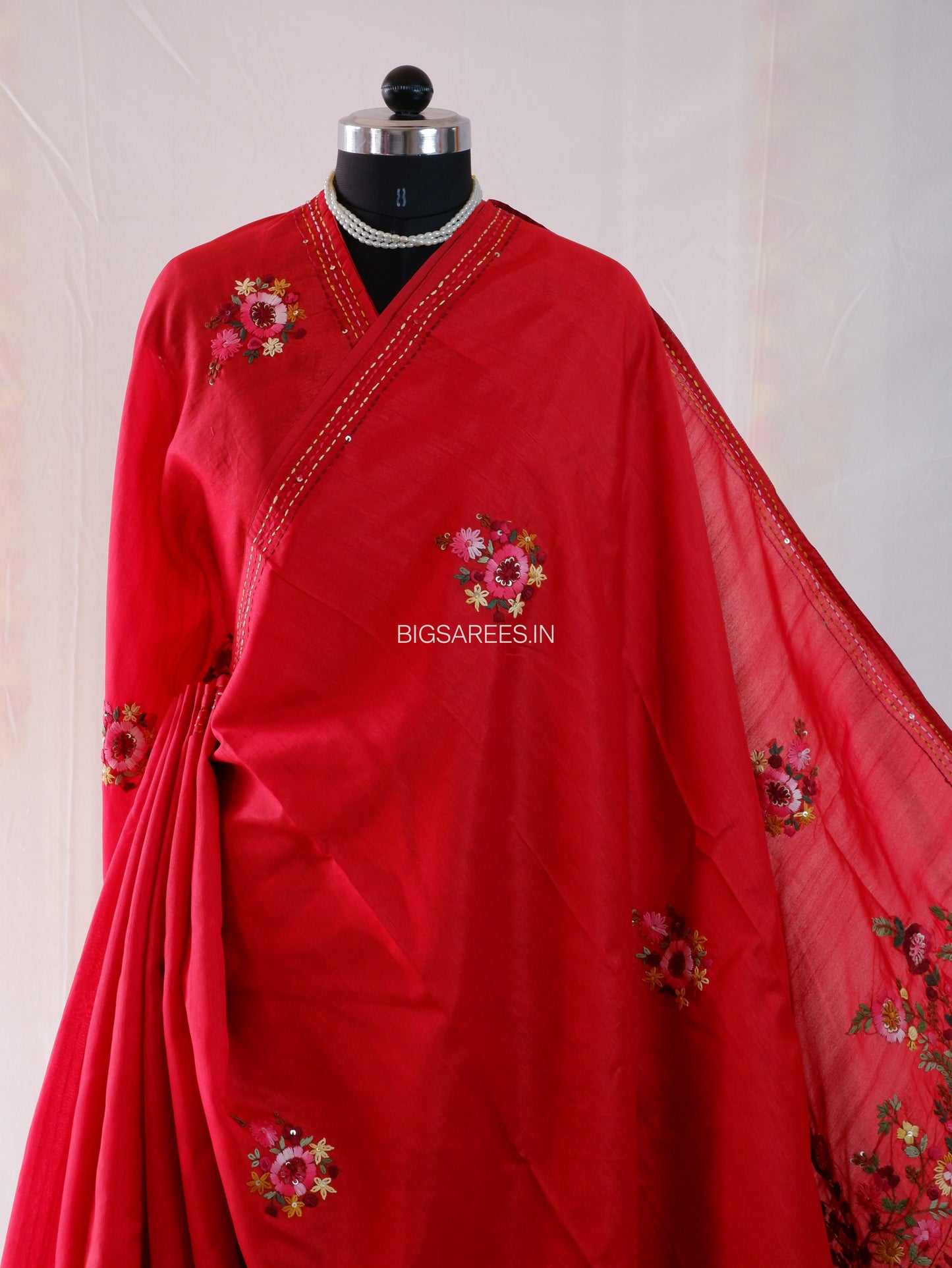 Bullion Knot Hand-Embroidered Saree | Semi Tassar | Crimson Red