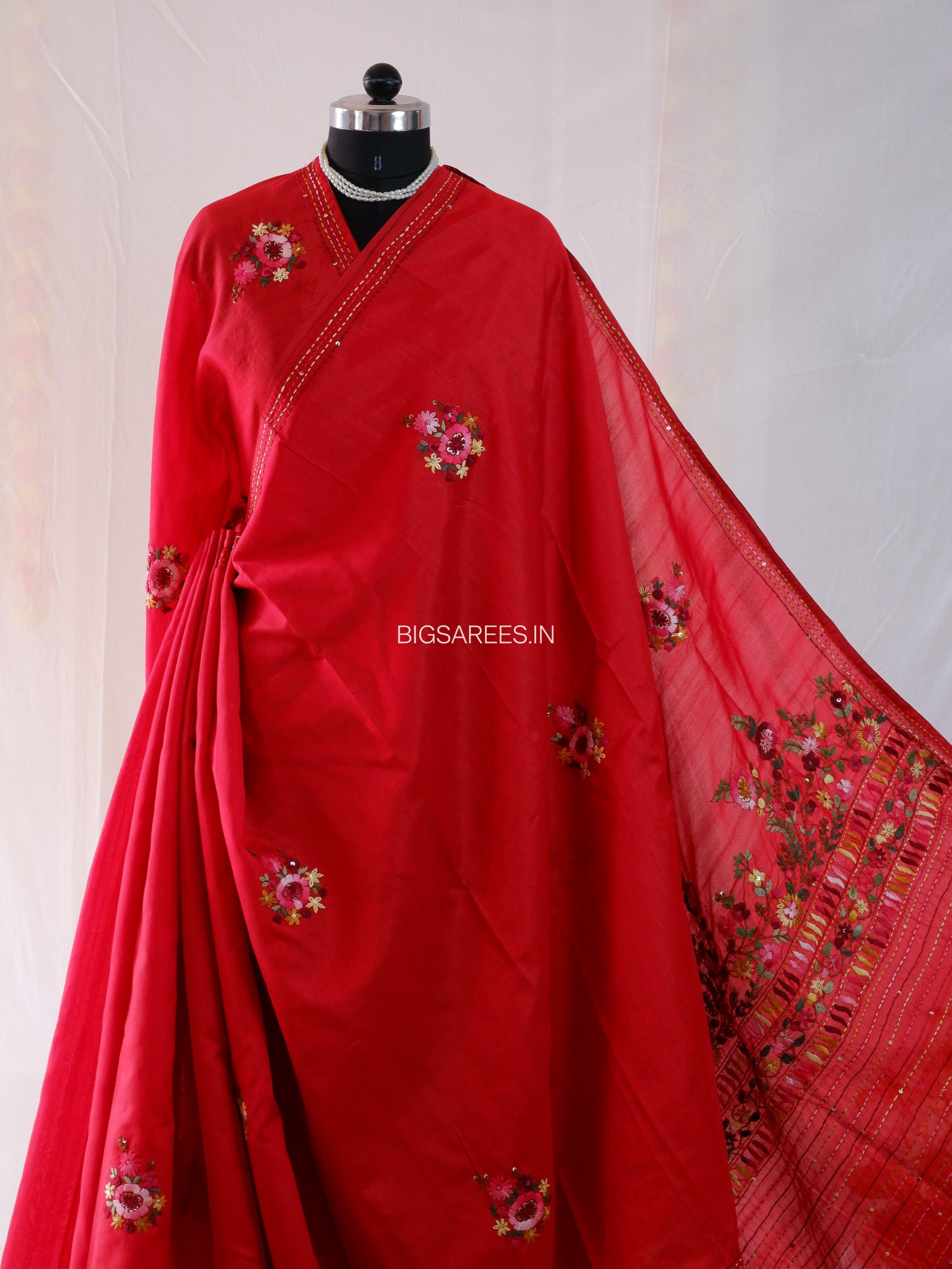 Bullion Knot Hand-Embroidered Saree | Semi Tassar | Crimson Red