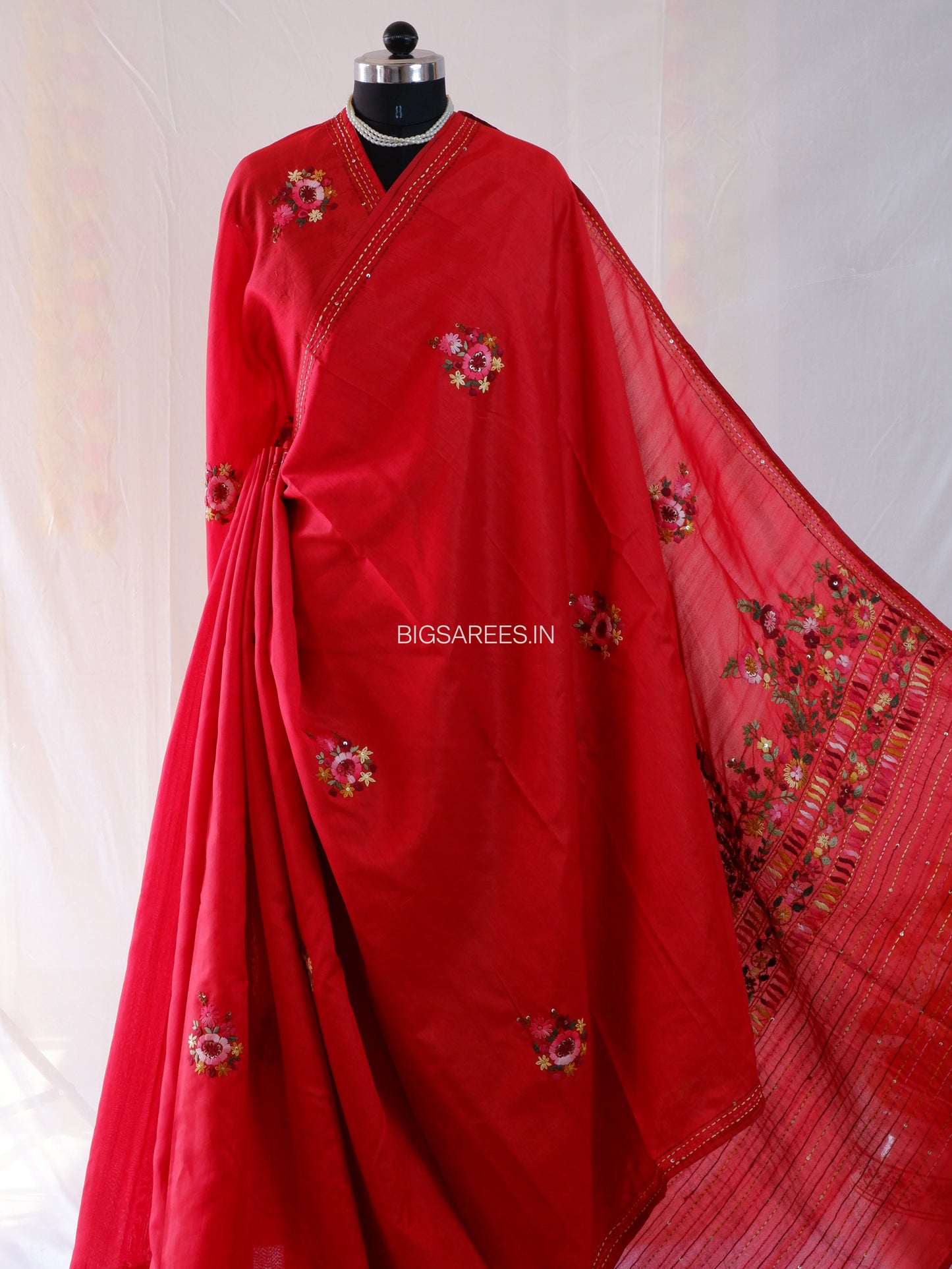 Bullion Knot Hand-Embroidered Saree | Semi Tassar | Crimson Red