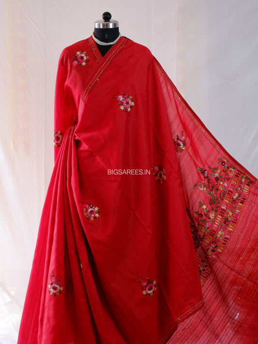 Bullion Knot Hand-Embroidered Saree | Semi Tassar | Crimson Red
