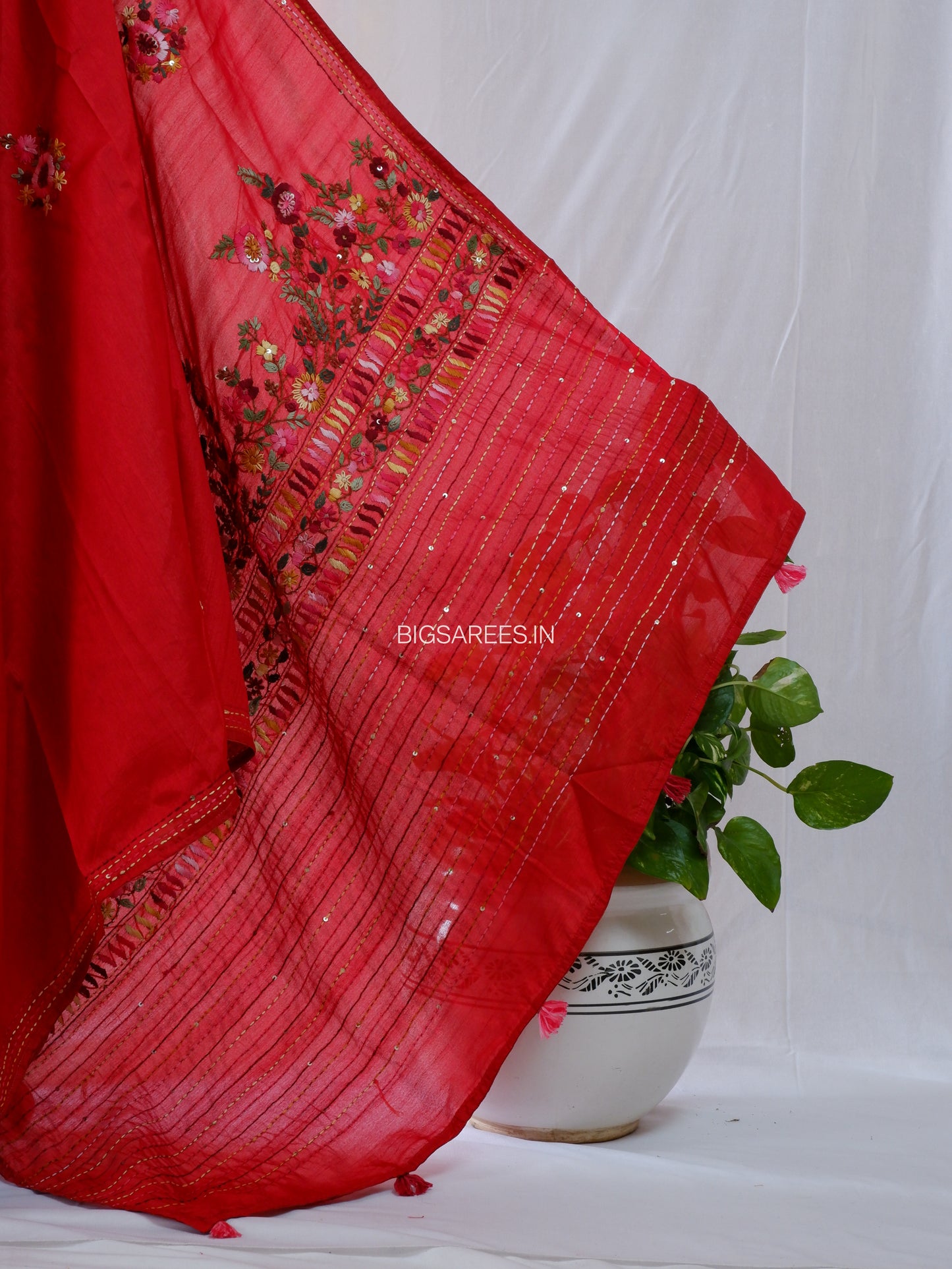 Bullion Knot Hand-Embroidered Saree | Semi Tassar | Crimson Red