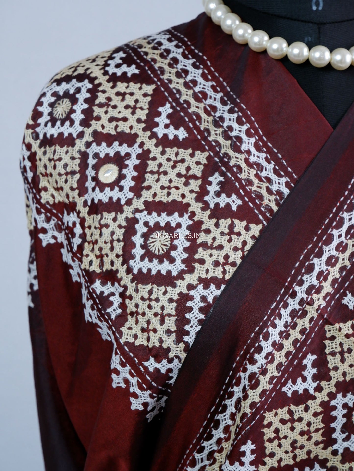Kutchi/Gujarati Stitch Hand Embroidered Saree | Art Silk | Foil Mirror | Maroon