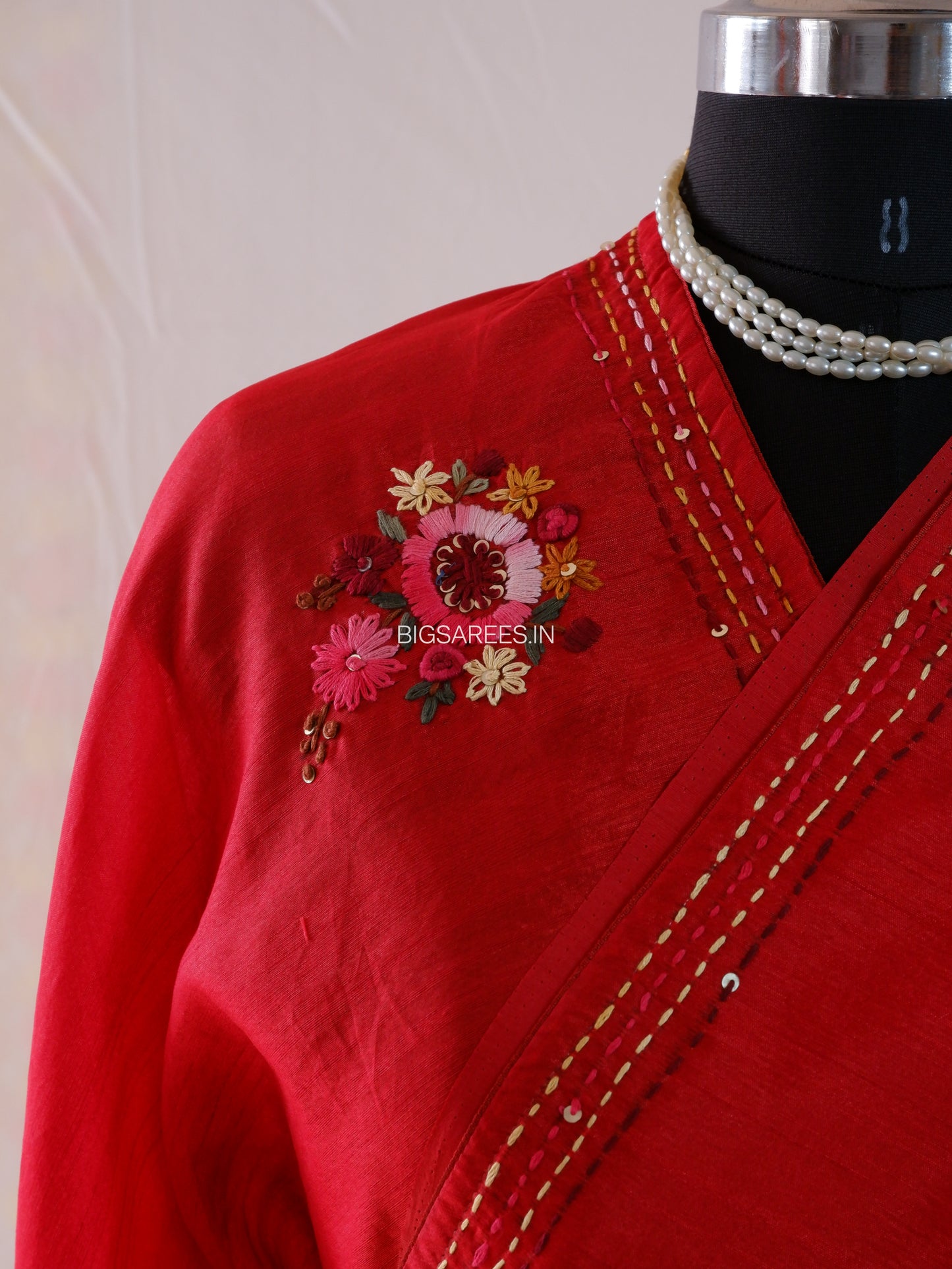 Bullion Knot Hand-Embroidered Saree | Semi Tassar | Crimson Red