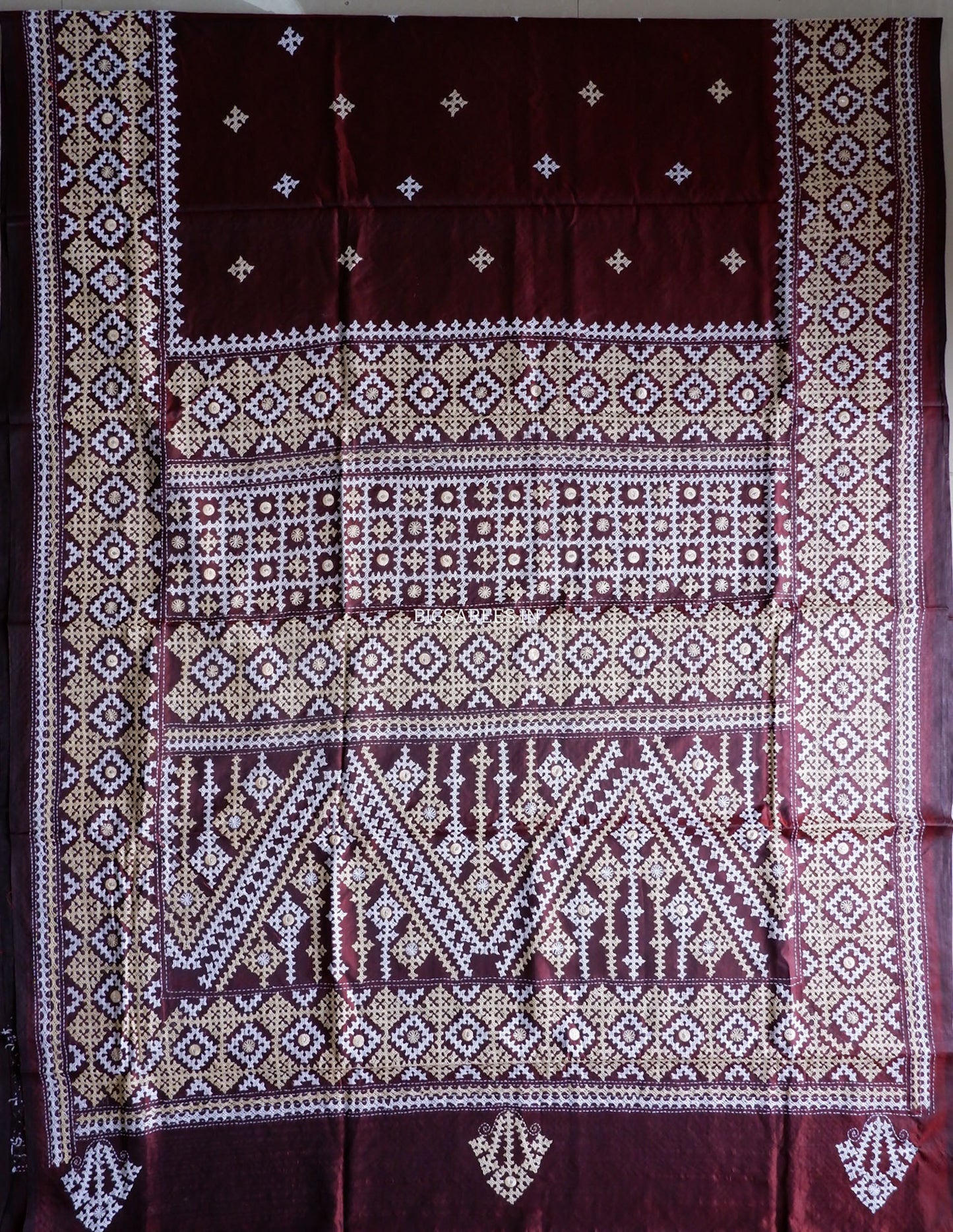 Kutchi/Gujarati Stitch Hand Embroidered Saree | Art Silk | Foil Mirror | Maroon