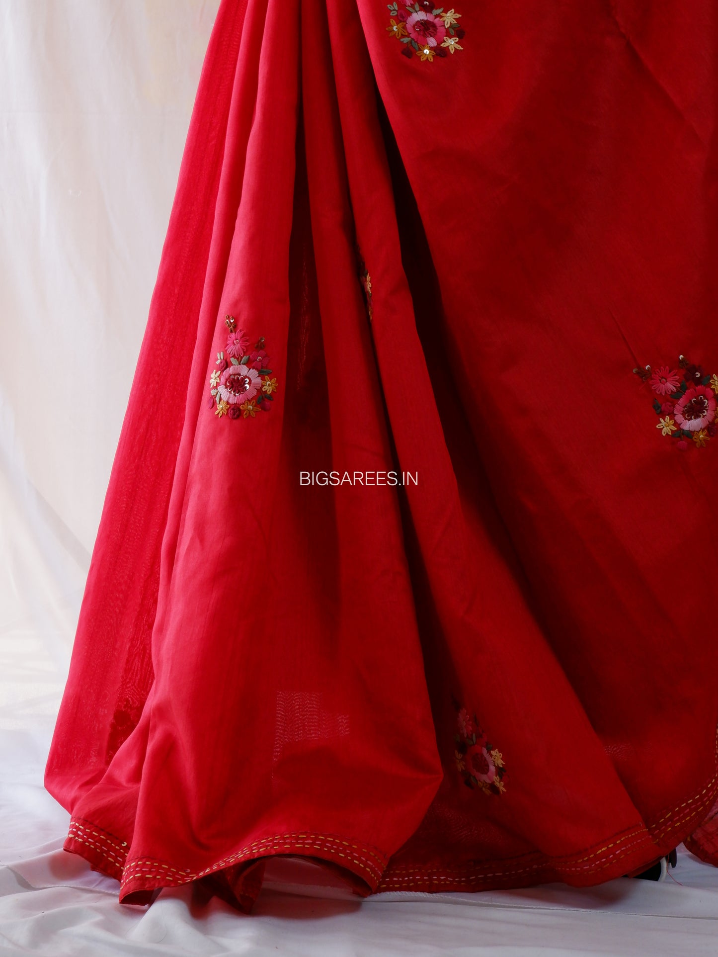 Bullion Knot Hand-Embroidered Saree | Semi Tassar | Crimson Red