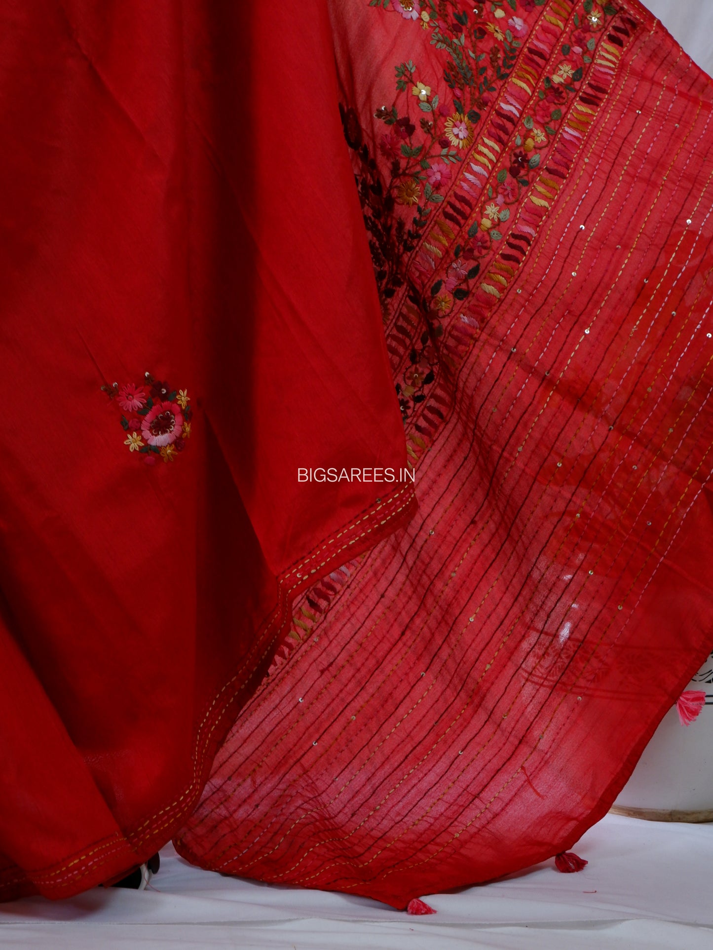Bullion Knot Hand-Embroidered Saree | Semi Tassar | Crimson Red