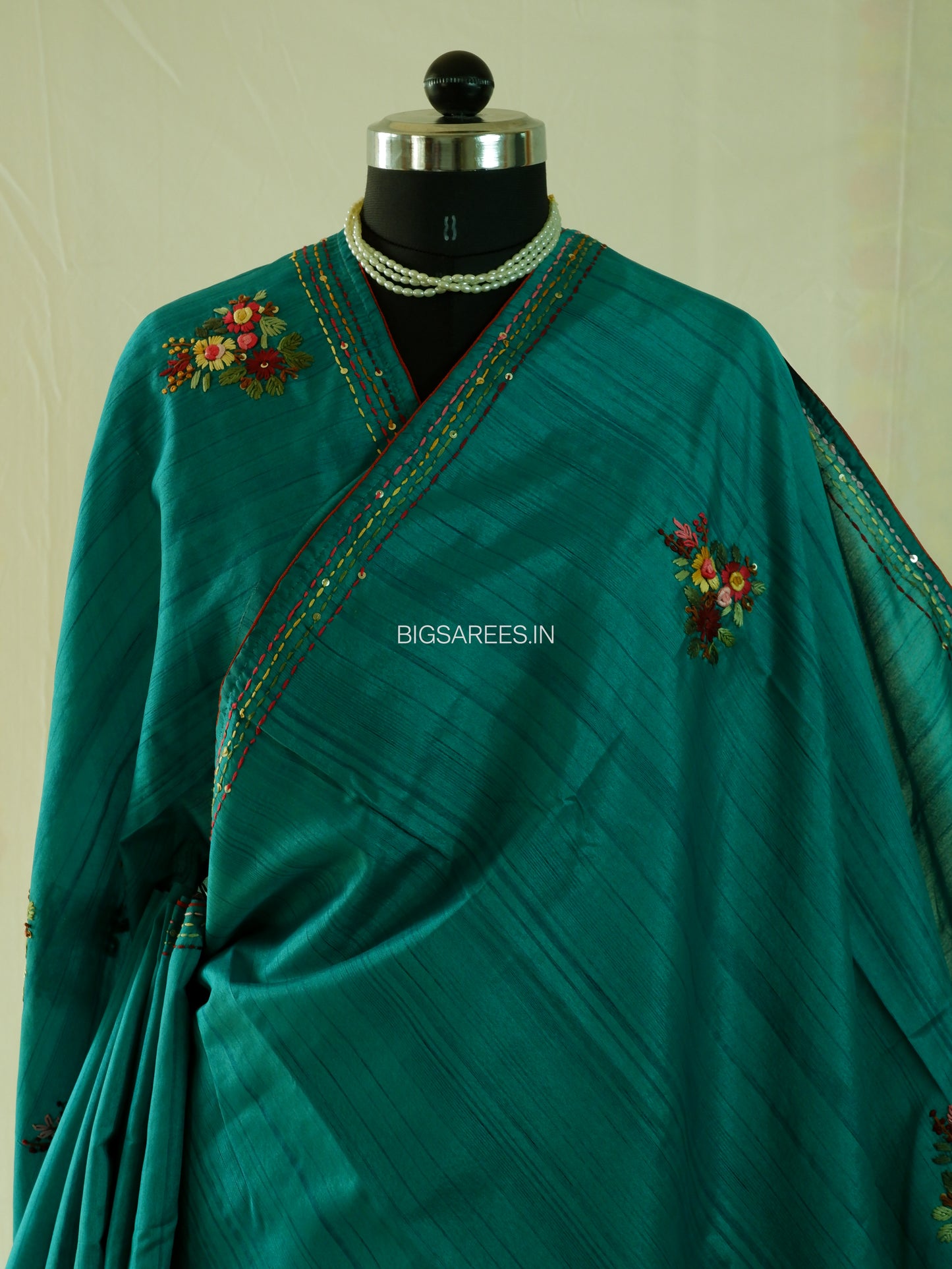 Bullion Knot Hand-Embroidered Saree | Semi Tassar | Emerald green