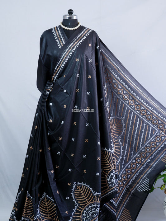 Kutchi/Gujarati Hand Embroidered Saree  | Blended Bangalore Silk / Art Silk | Black