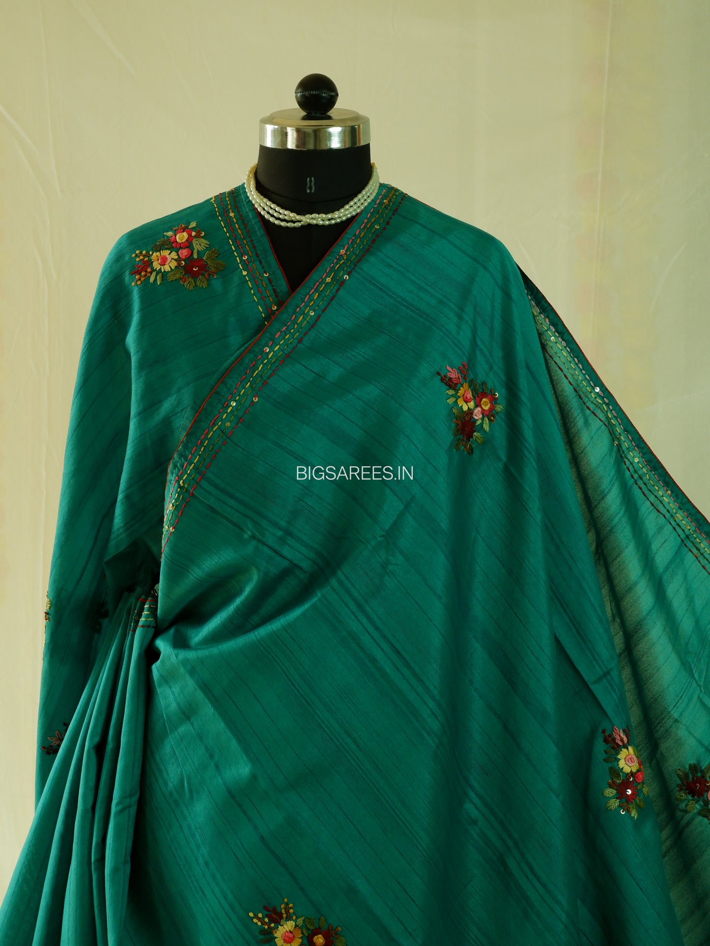 Bullion Knot Hand-Embroidered Saree | Semi Tassar | Emerald green