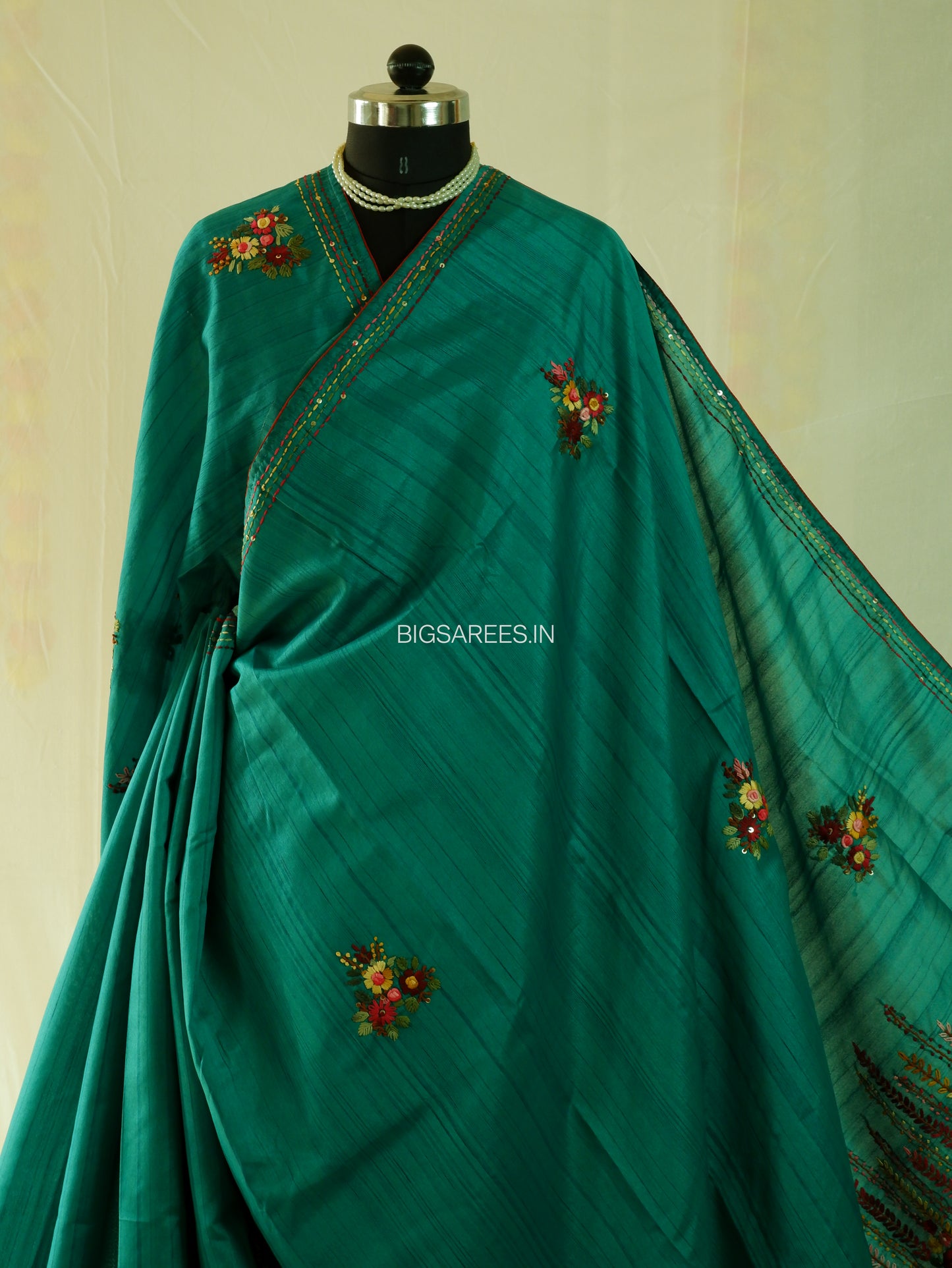 Bullion Knot Hand-Embroidered Saree | Semi Tassar | Emerald green