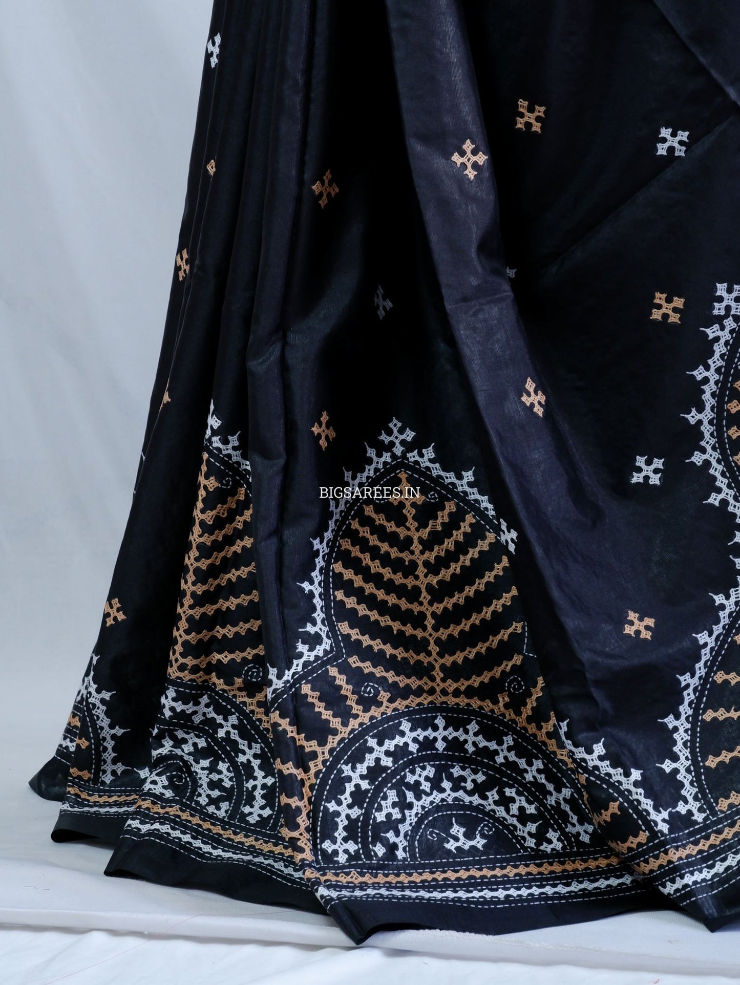Kutchi/Gujarati Hand Embroidered Saree  | Blended Bangalore Silk / Art Silk | Black