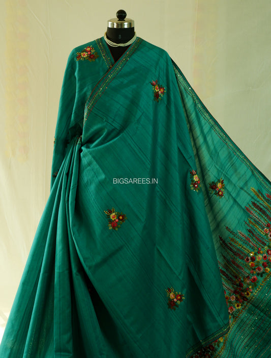 Bullion Knot Hand-Embroidered Saree | Semi Tassar | Emerald green
