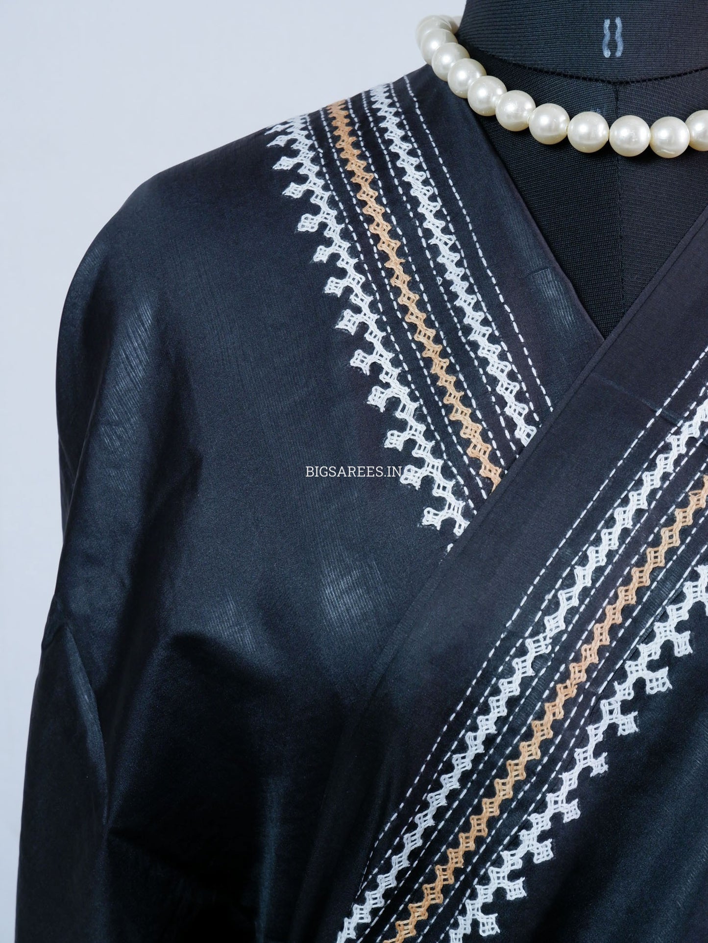 Kutchi/Gujarati Hand Embroidered Saree  | Blended Bangalore Silk / Art Silk | Black