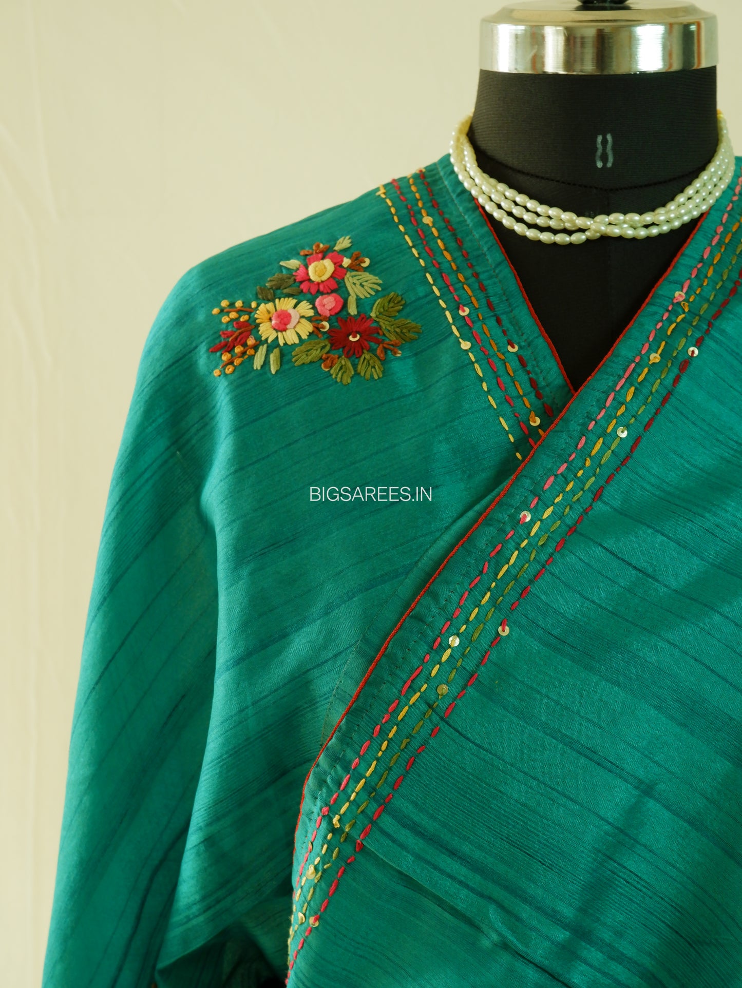 Bullion Knot Hand-Embroidered Saree | Semi Tassar | Emerald green