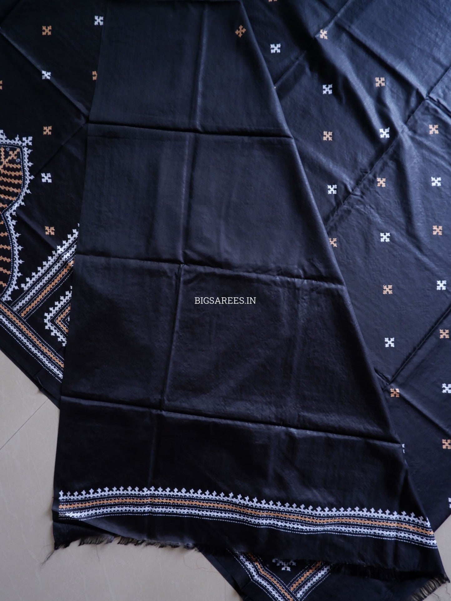 Kutchi/Gujarati Hand Embroidered Saree  | Blended Bangalore Silk / Art Silk | Black