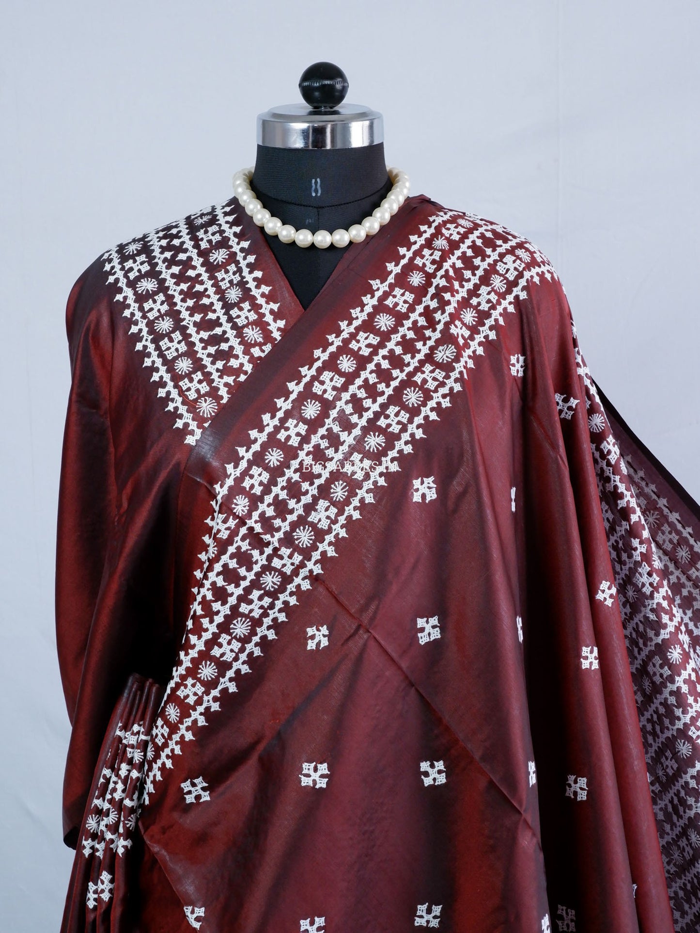 Kutchi/Gujarati Hand Embroidered Saree  | Blended Bangalore Silk / Art Silk | Maroon