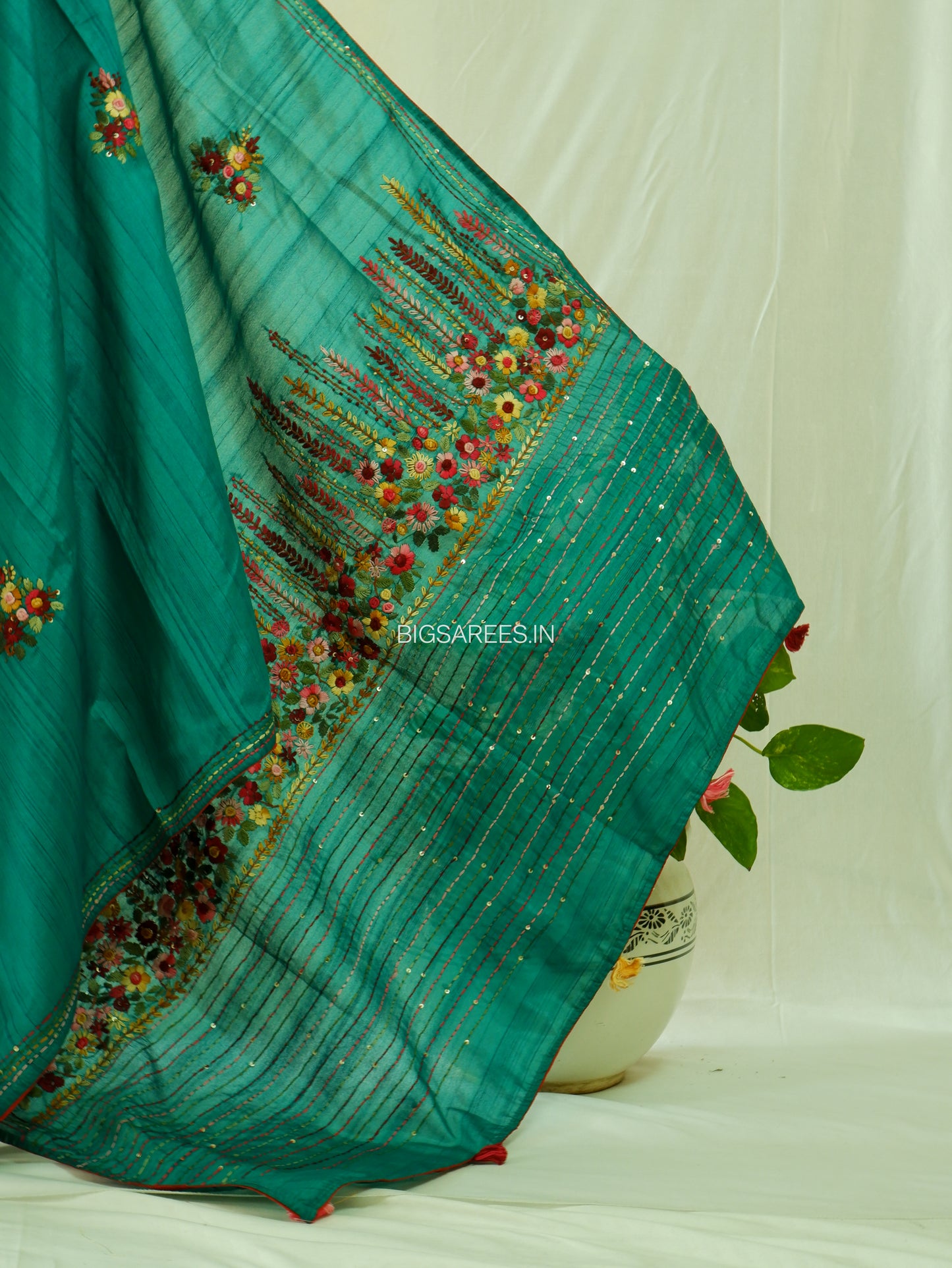 Bullion Knot Hand-Embroidered Saree | Semi Tassar | Emerald green