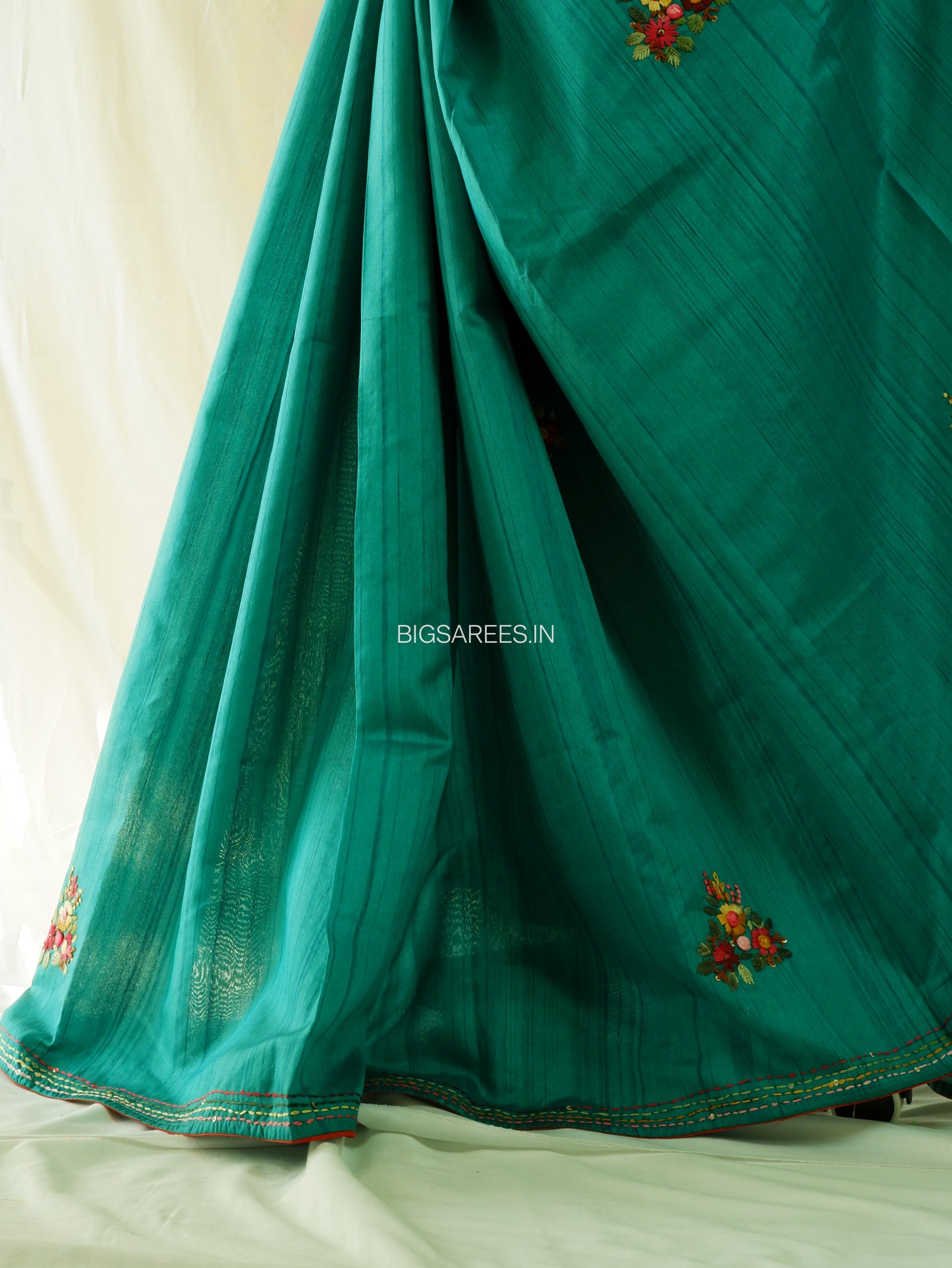 Bullion Knot Hand-Embroidered Saree | Semi Tassar | Emerald green