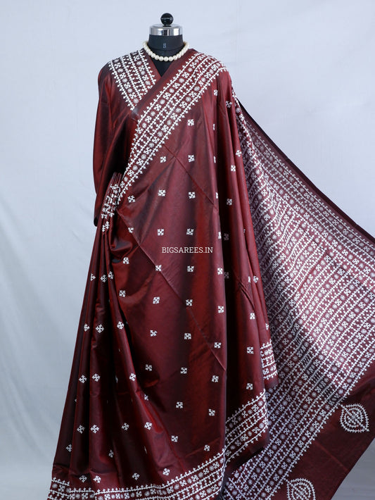Kutchi/Gujarati Hand Embroidered Saree  | Blended Bangalore Silk / Art Silk | Maroon