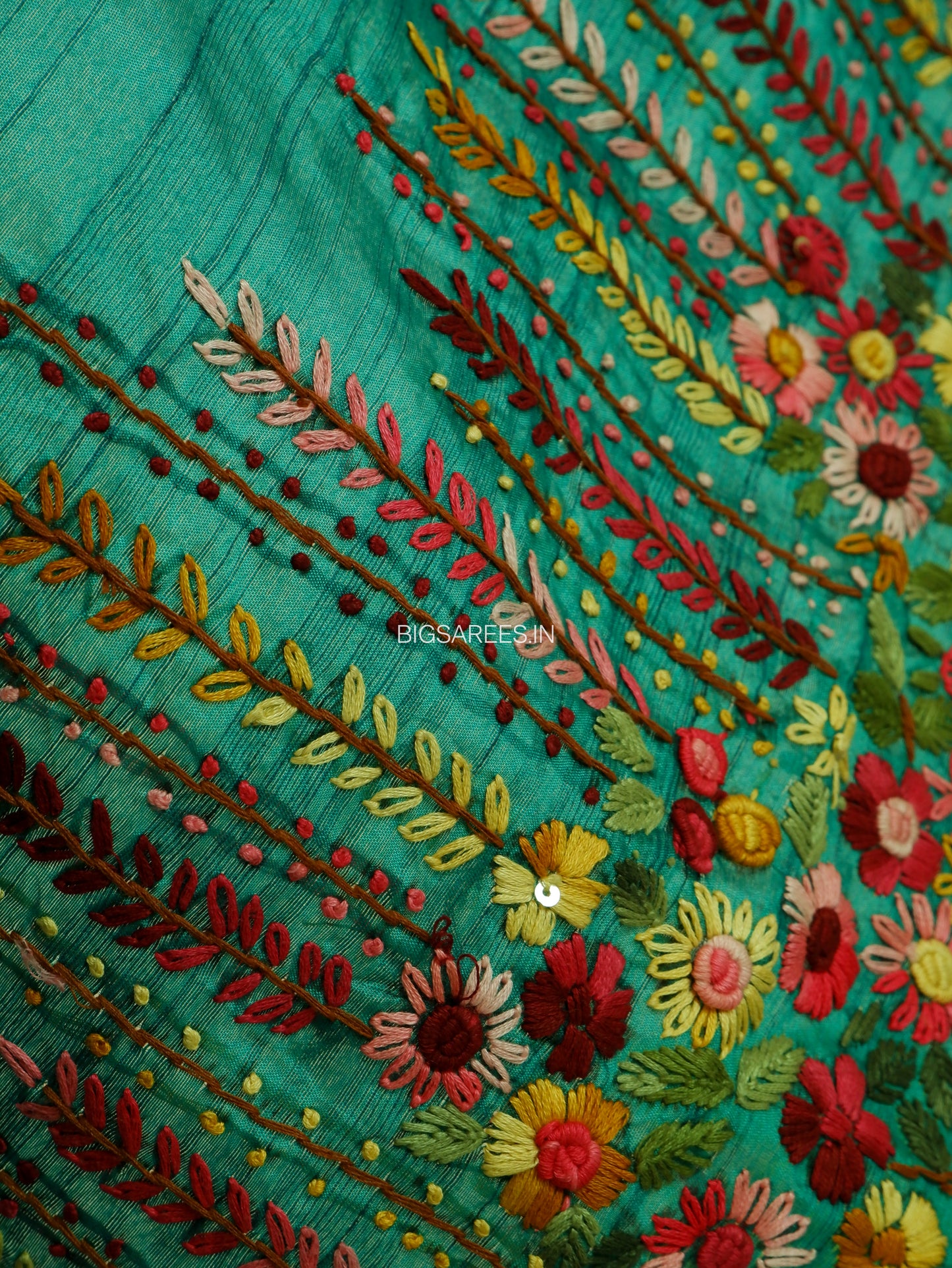 Bullion Knot Hand-Embroidered Saree | Semi Tassar | Emerald green