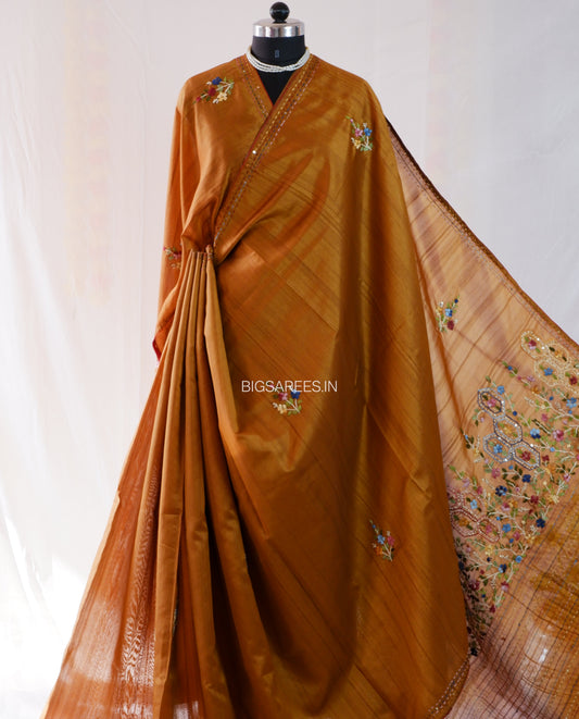 Bullion Knot Hand-Embroidered Saree | Semi Tassar | Bronze