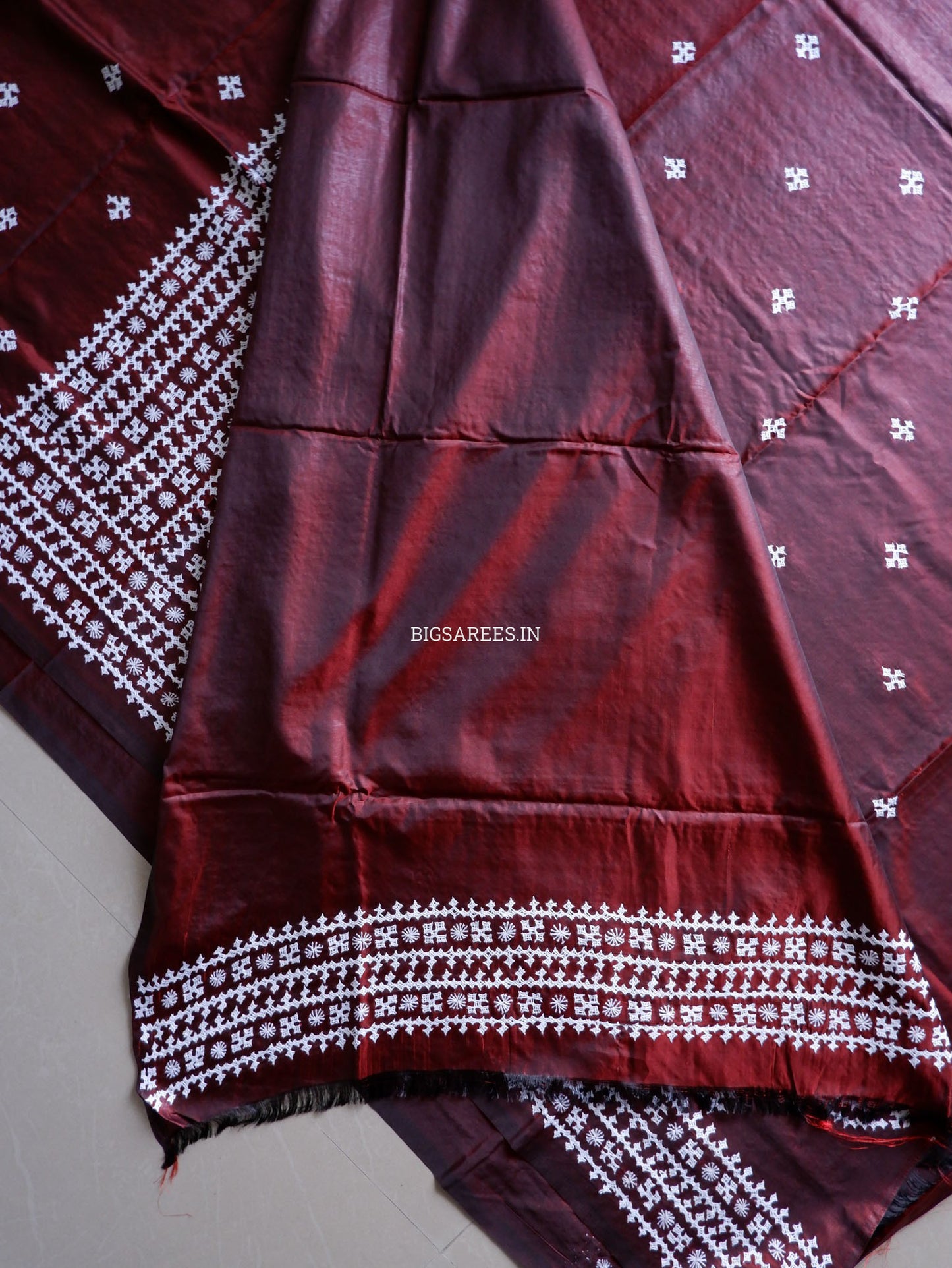 Kutchi/Gujarati Hand Embroidered Saree  | Blended Bangalore Silk / Art Silk | Maroon