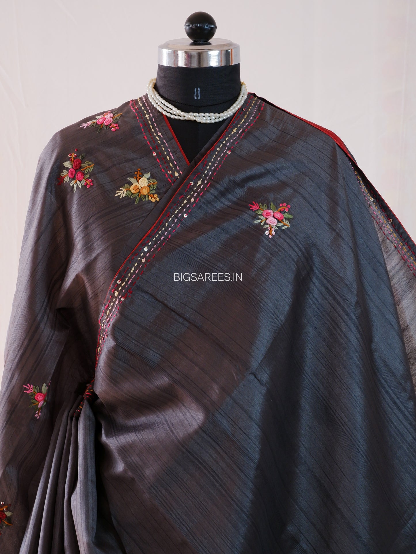 Bullion Knot Hand-Embroidered Saree | Semi Tassar | Dark grey