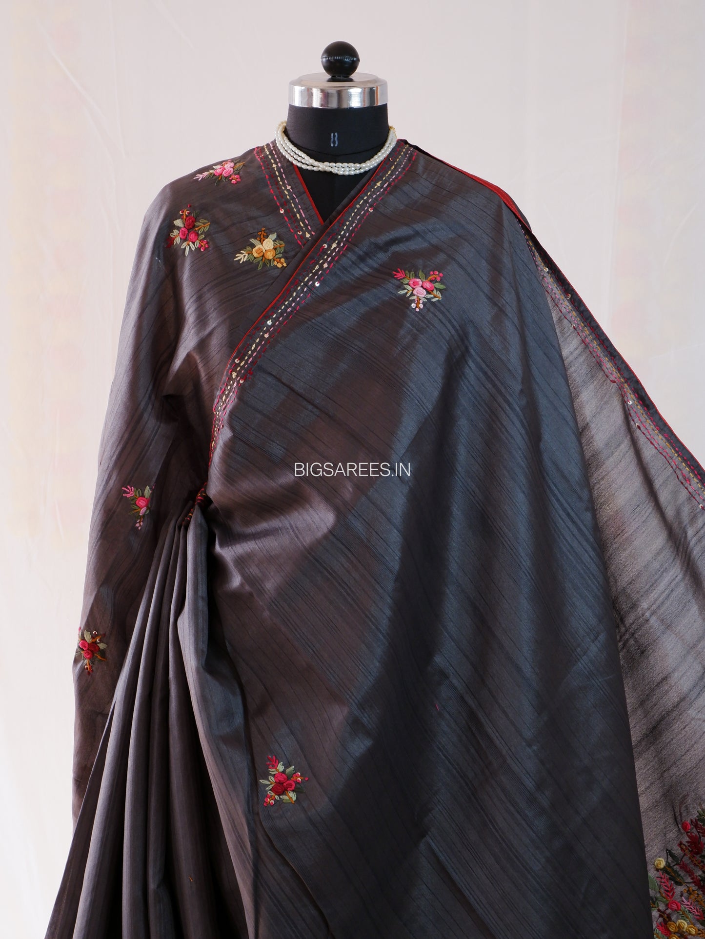 Bullion Knot Hand-Embroidered Saree | Semi Tassar | Dark grey
