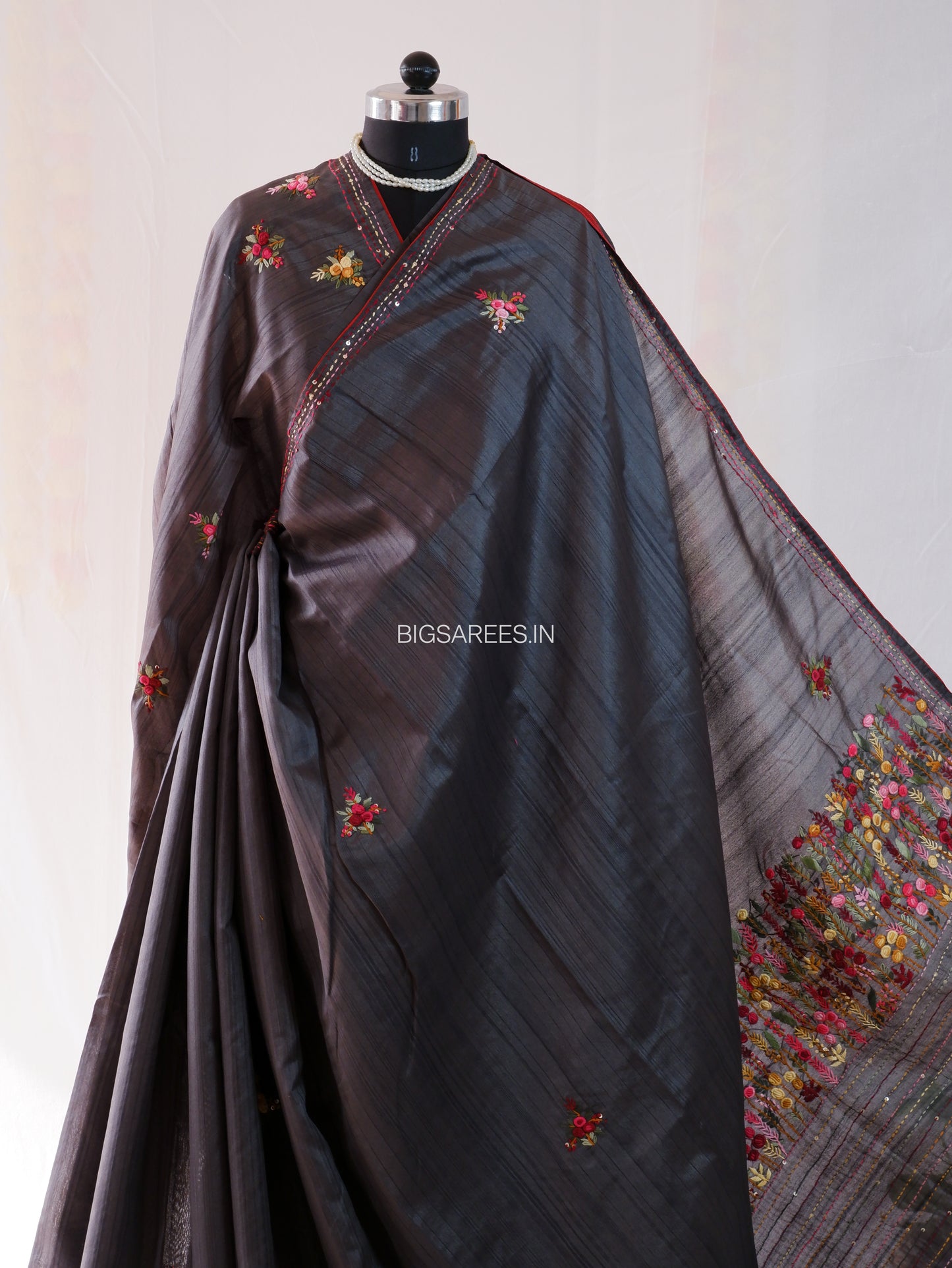 Bullion Knot Hand-Embroidered Saree | Semi Tassar | Dark grey