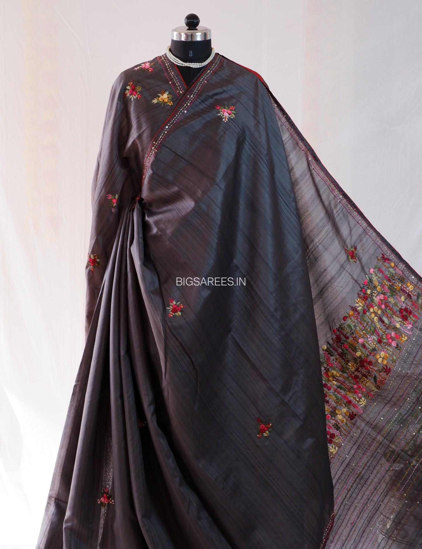 Bullion Knot Hand-Embroidered Saree | Semi Tassar | Dark grey