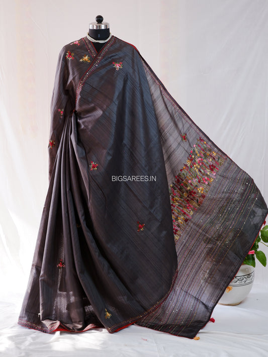 Bullion Knot Hand-Embroidered Saree | Semi Tassar | Dark grey