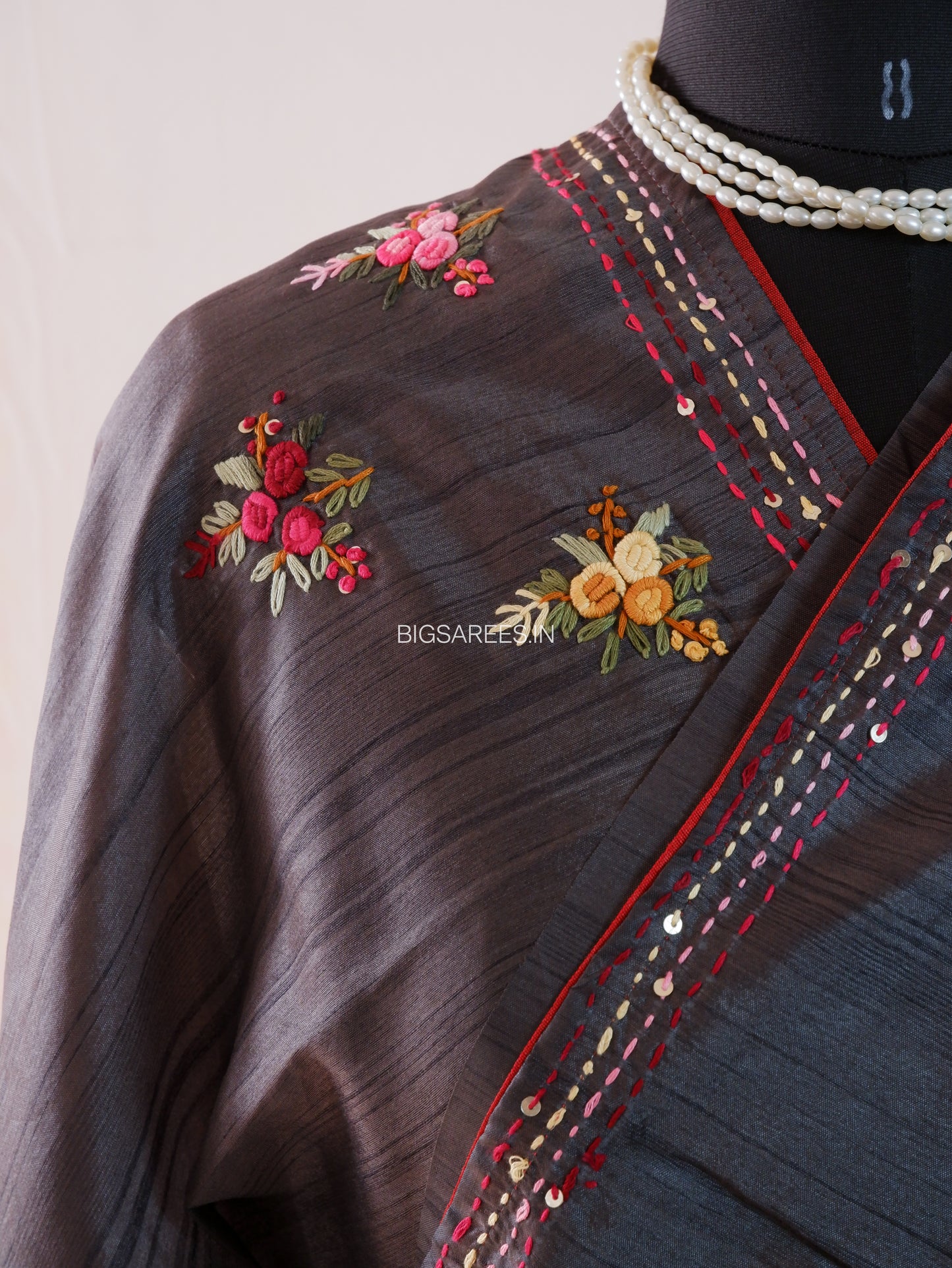 Bullion Knot Hand-Embroidered Saree | Semi Tassar | Dark grey