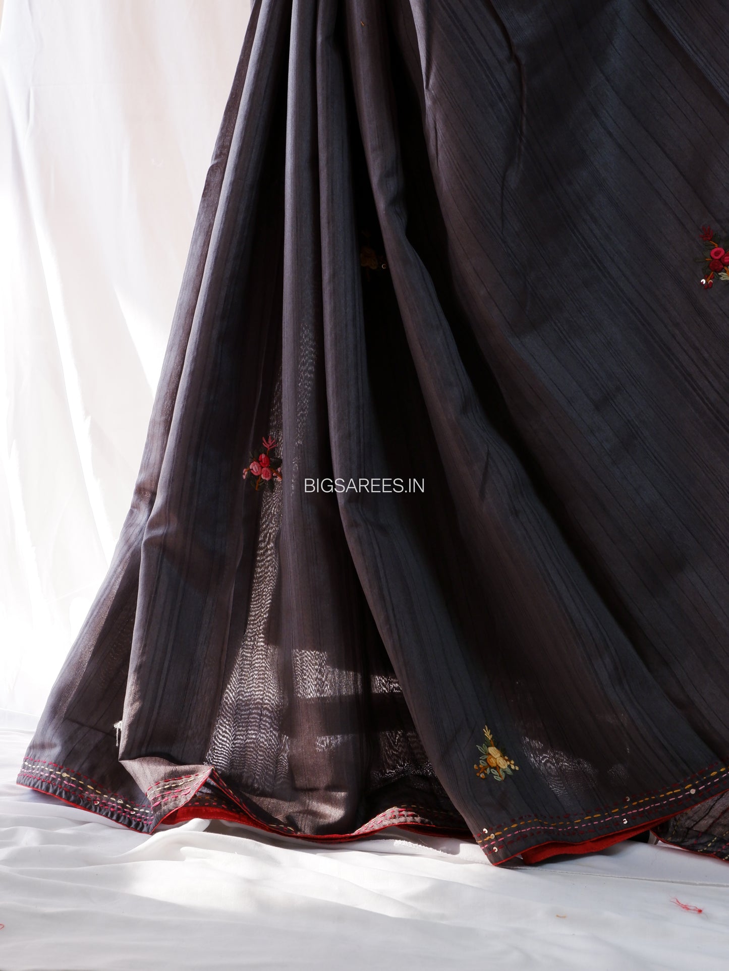 Bullion Knot Hand-Embroidered Saree | Semi Tassar | Dark grey