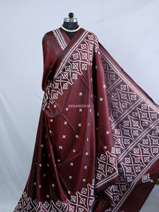 Kutchi/Gujarati Hand Embroidered Saree  | Blended Bangalore Silk / Art Silk | Maroon