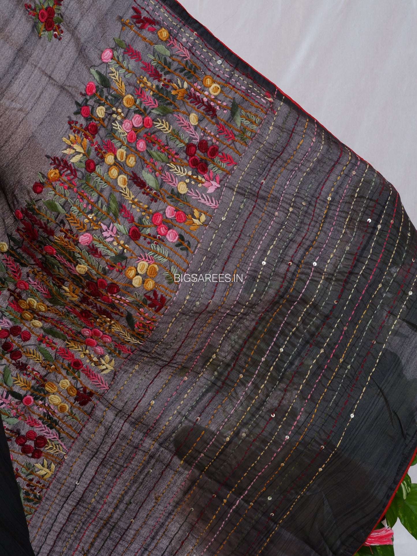 Bullion Knot Hand-Embroidered Saree | Semi Tassar | Dark grey