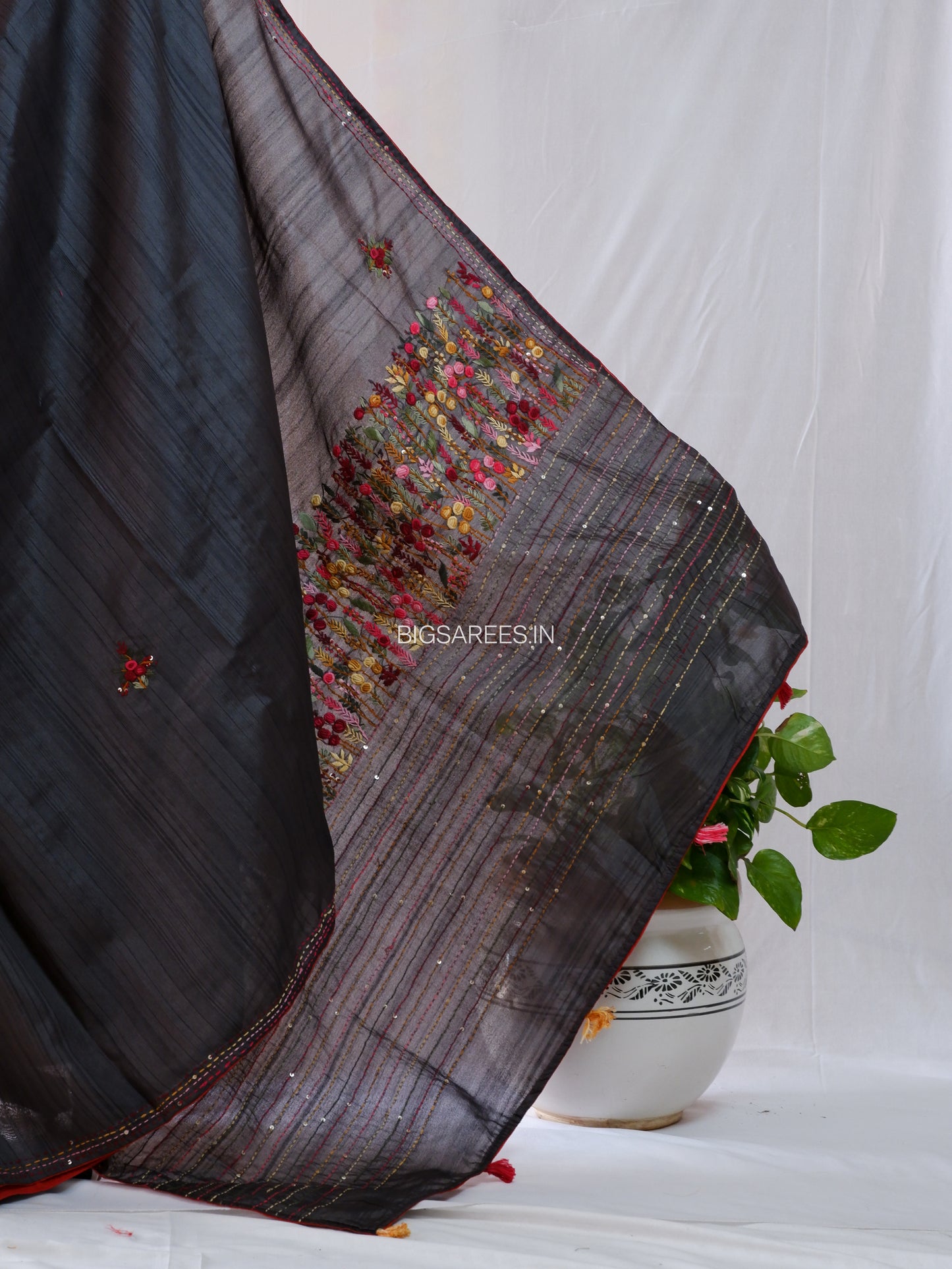 Bullion Knot Hand-Embroidered Saree | Semi Tassar | Dark grey