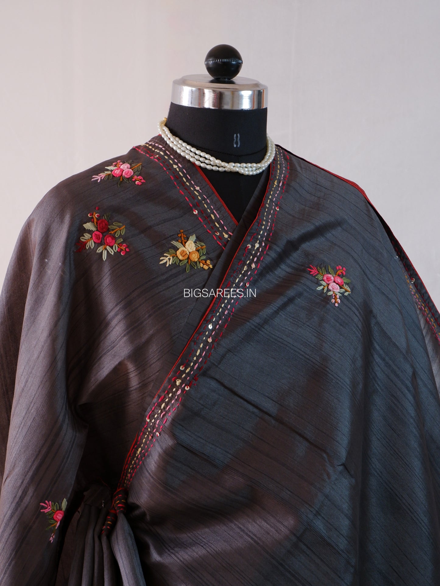 Bullion Knot Hand-Embroidered Saree | Semi Tassar | Dark grey