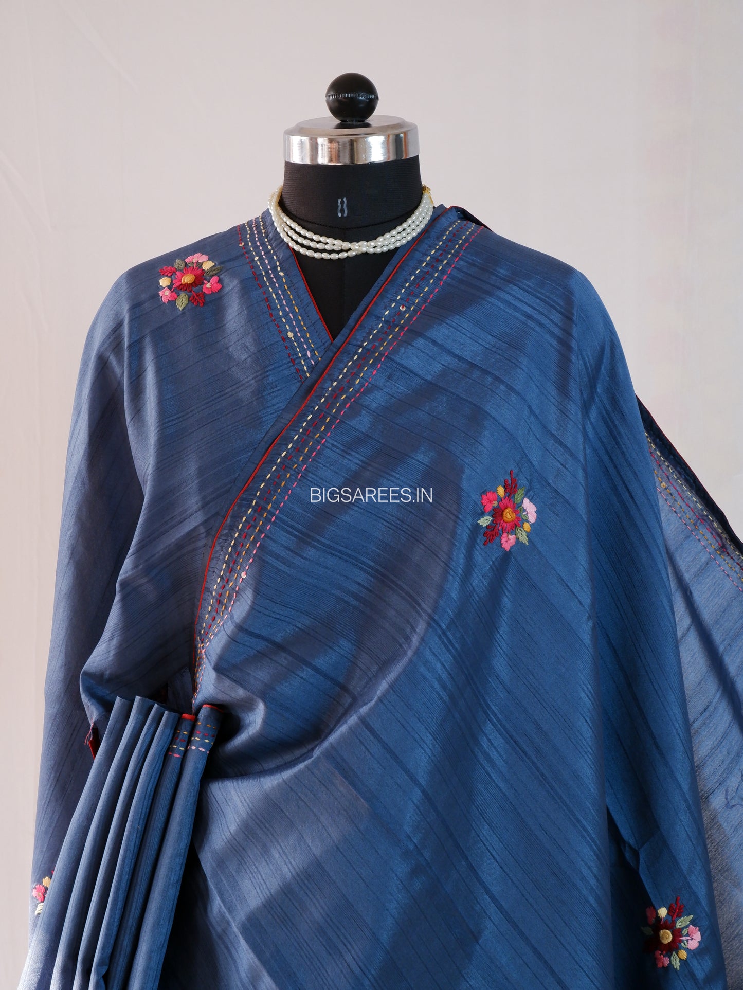 Bullion Knot Hand-Embroidered Saree | Semi Tassar | Dusk Blue