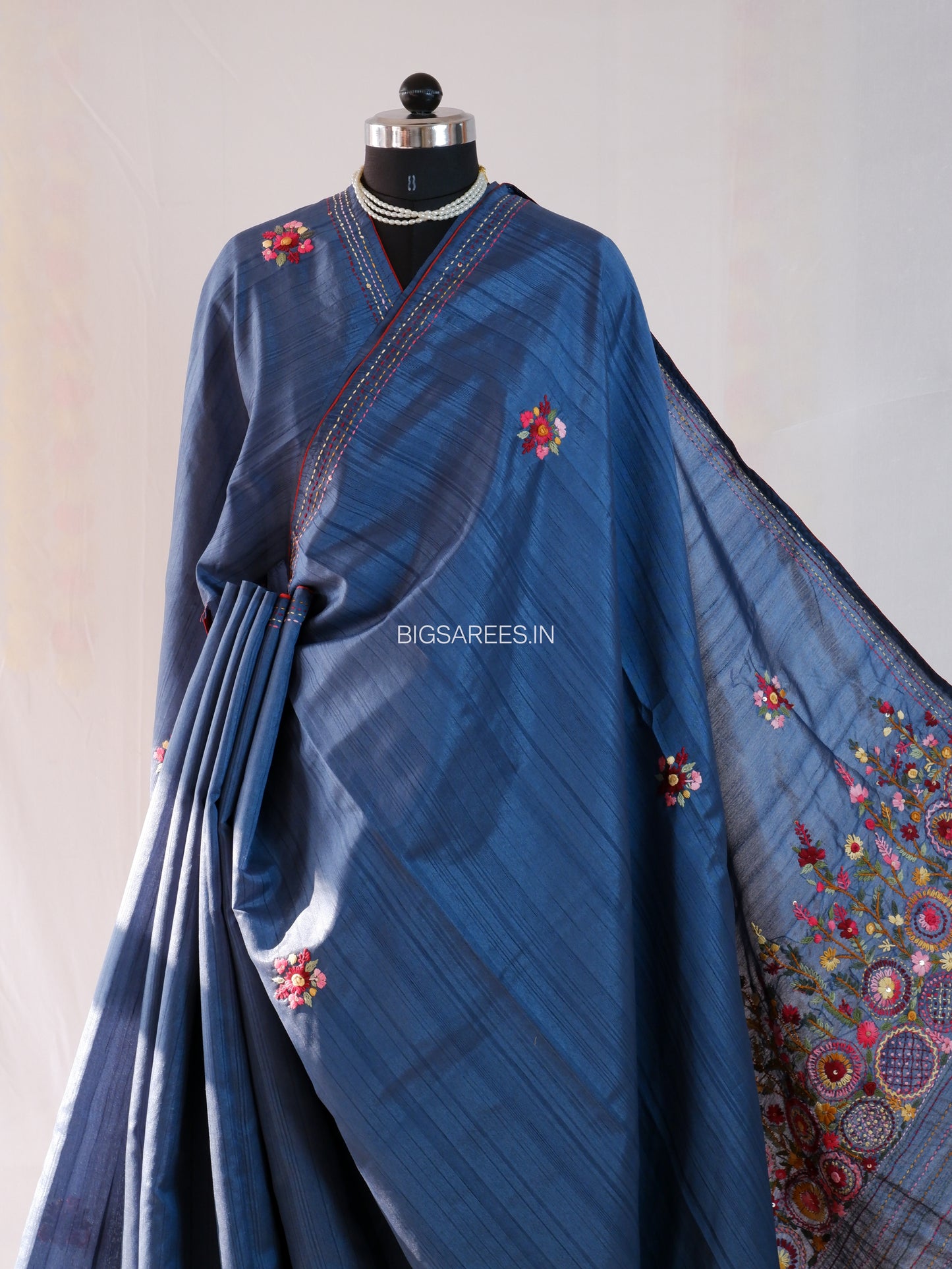 Bullion Knot Hand-Embroidered Saree | Semi Tassar | Dusk Blue