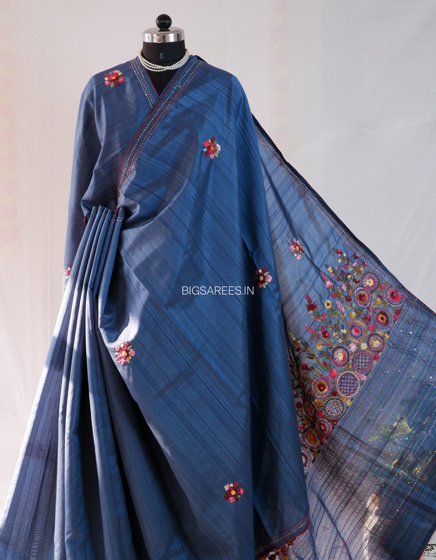 Bullion Knot Hand-Embroidered Saree | Semi Tassar | Dusk Blue