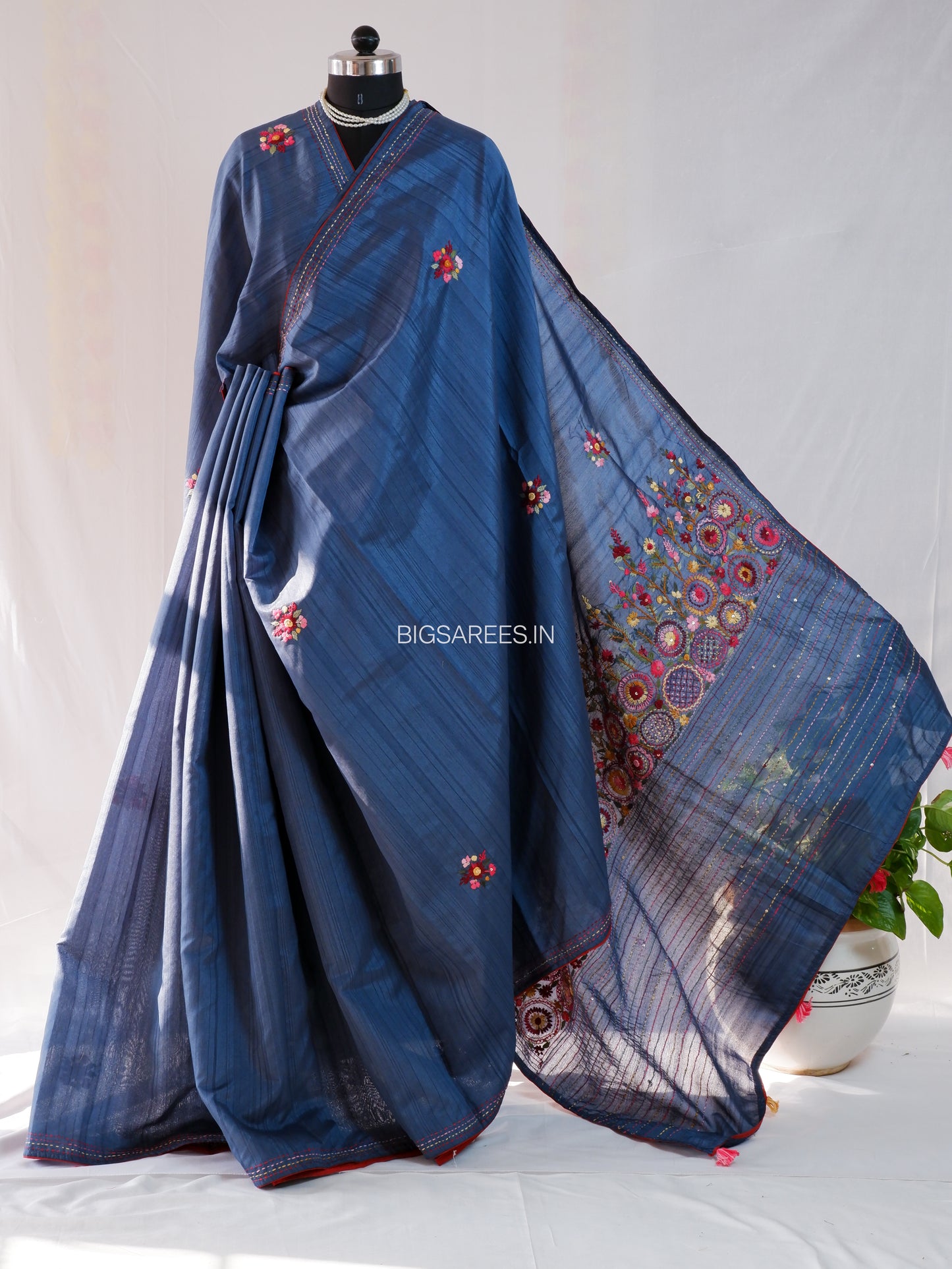 Bullion Knot Hand-Embroidered Saree | Semi Tassar | Dusk Blue