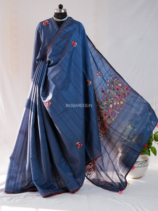 Bullion Knot Hand-Embroidered Saree | Semi Tassar | Dusk Blue