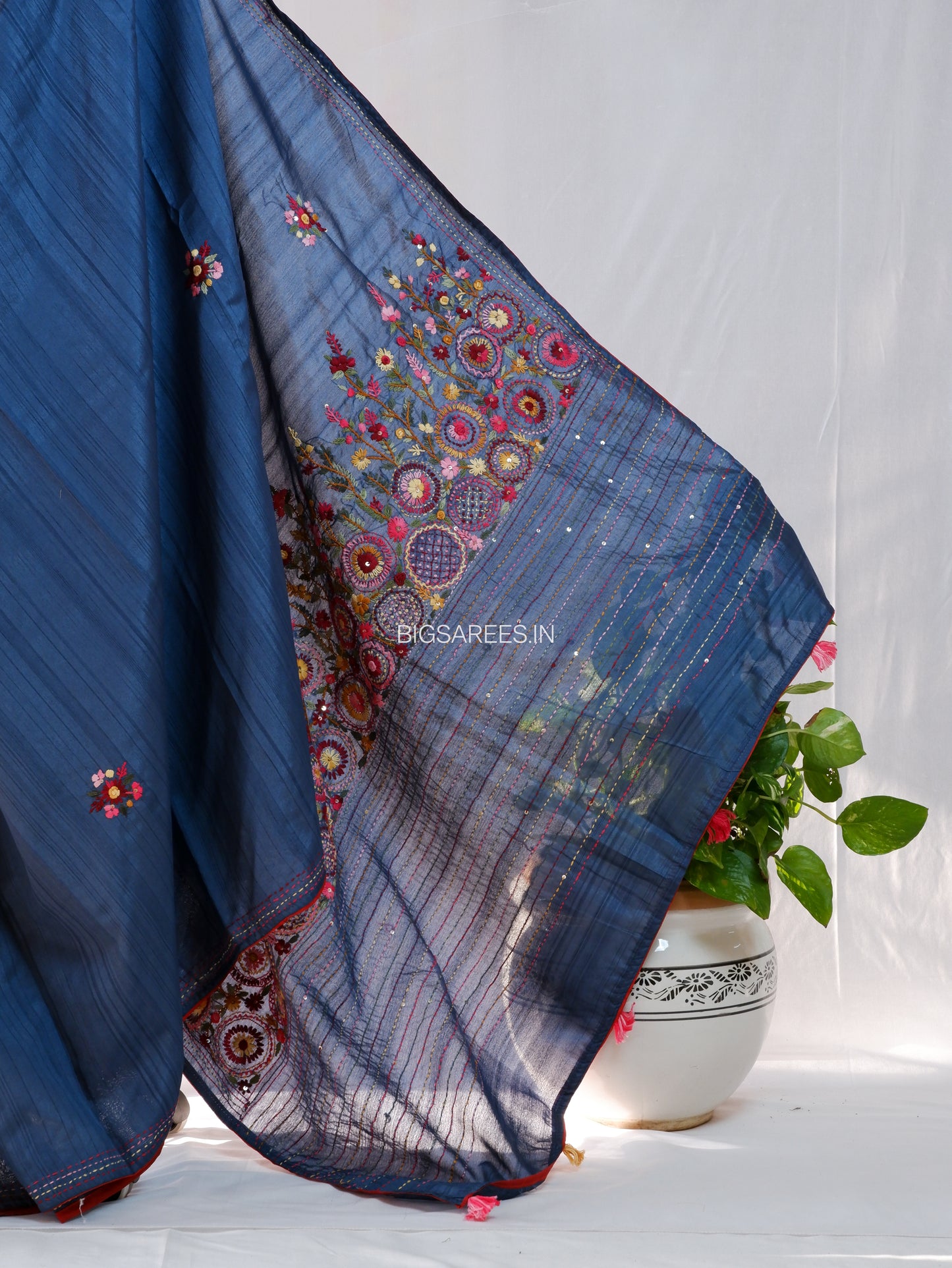 Bullion Knot Hand-Embroidered Saree | Semi Tassar | Dusk Blue